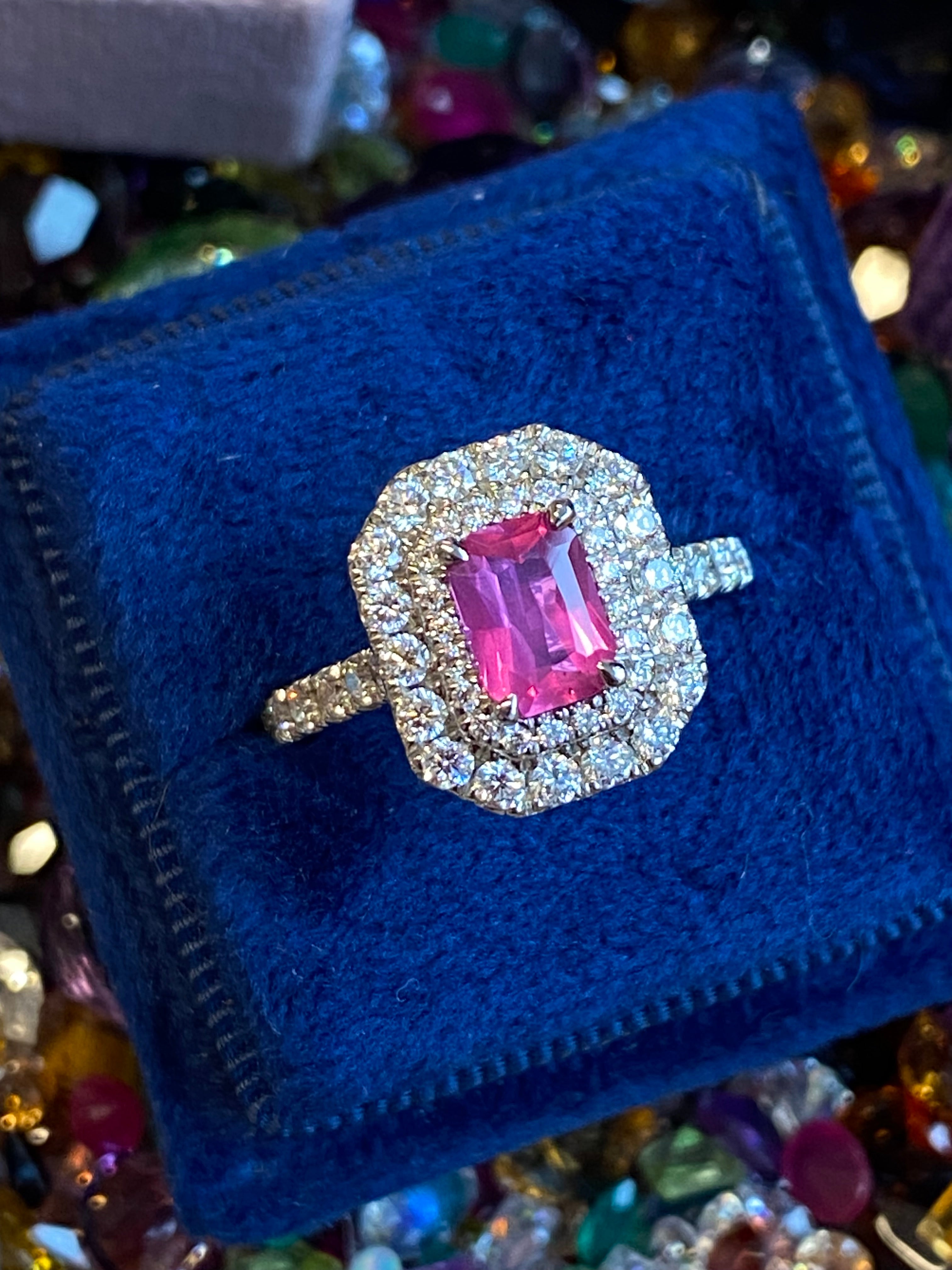 1.75 CTW Radiant Cut Pink Sapphire and Natural Diamond Double Halo Ring in Platinum