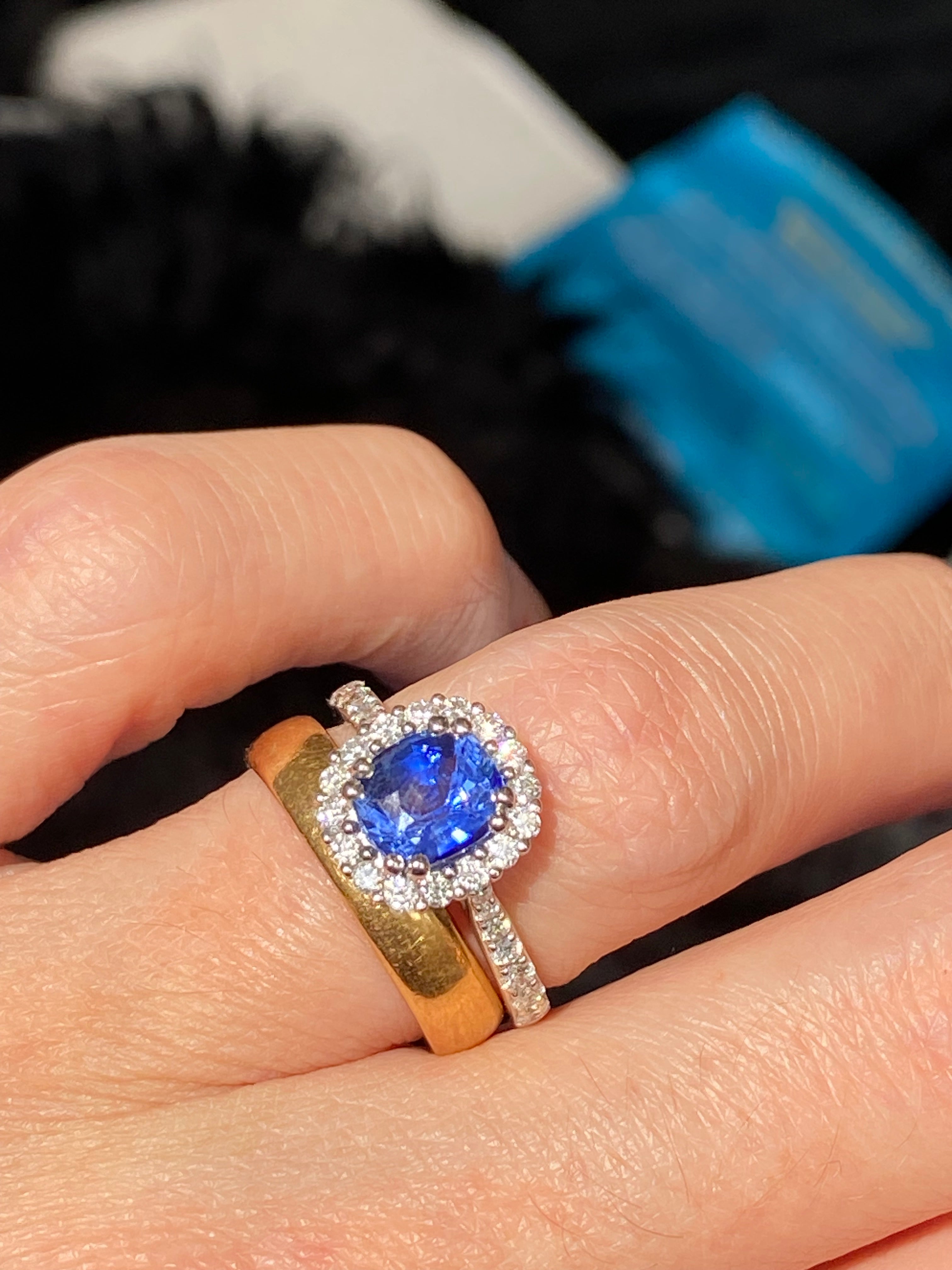 2.17 CTW Blue Ceylon Sapphire and Natural Diamond Three Stone Engagement Ring in Platinum
