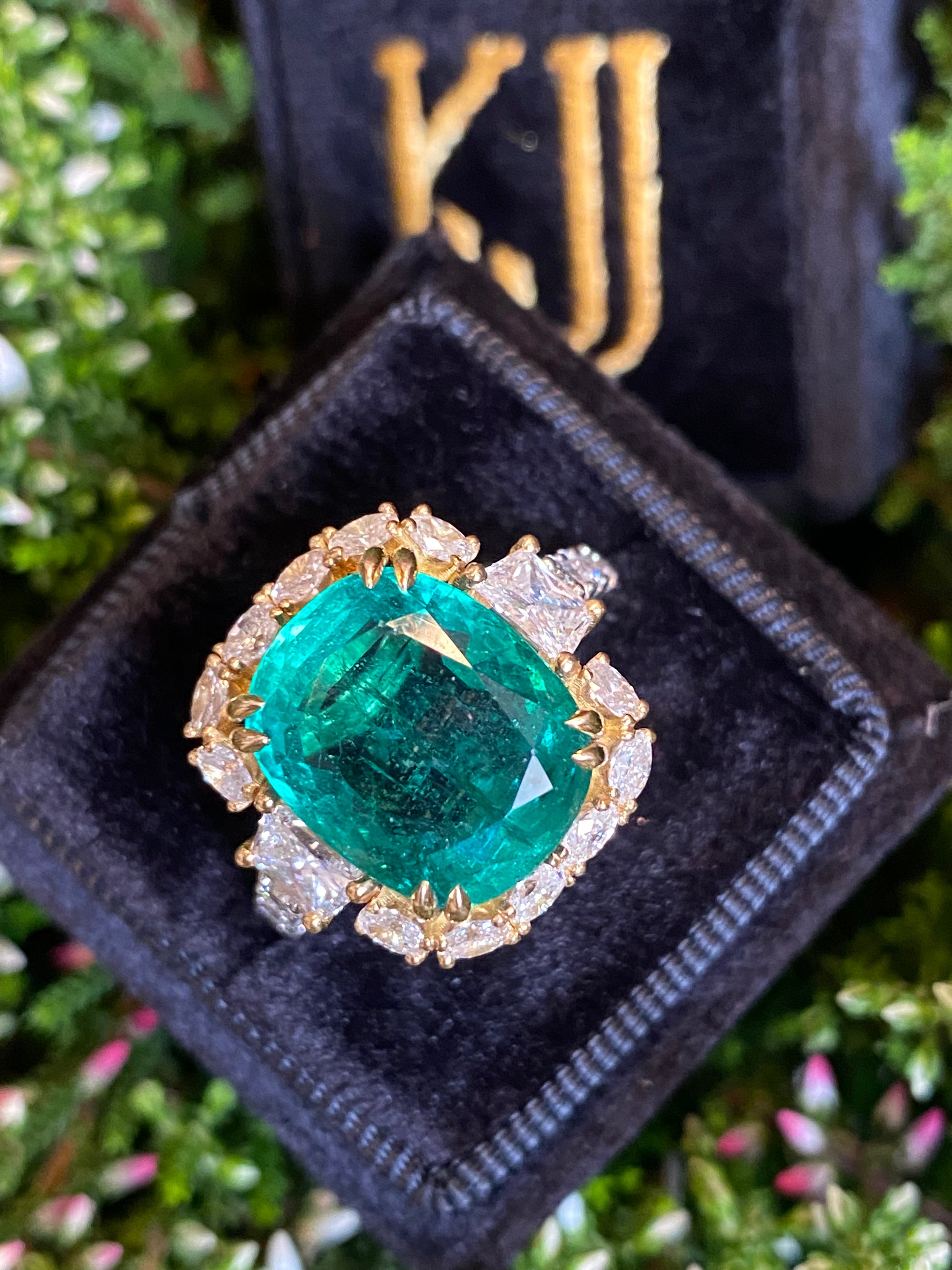 8.75 Carat Cushion Cut Zambian Emerald and 2.53 CTW Natural Diamond Halo Ring in Platinum and 18ct Yellow Gold