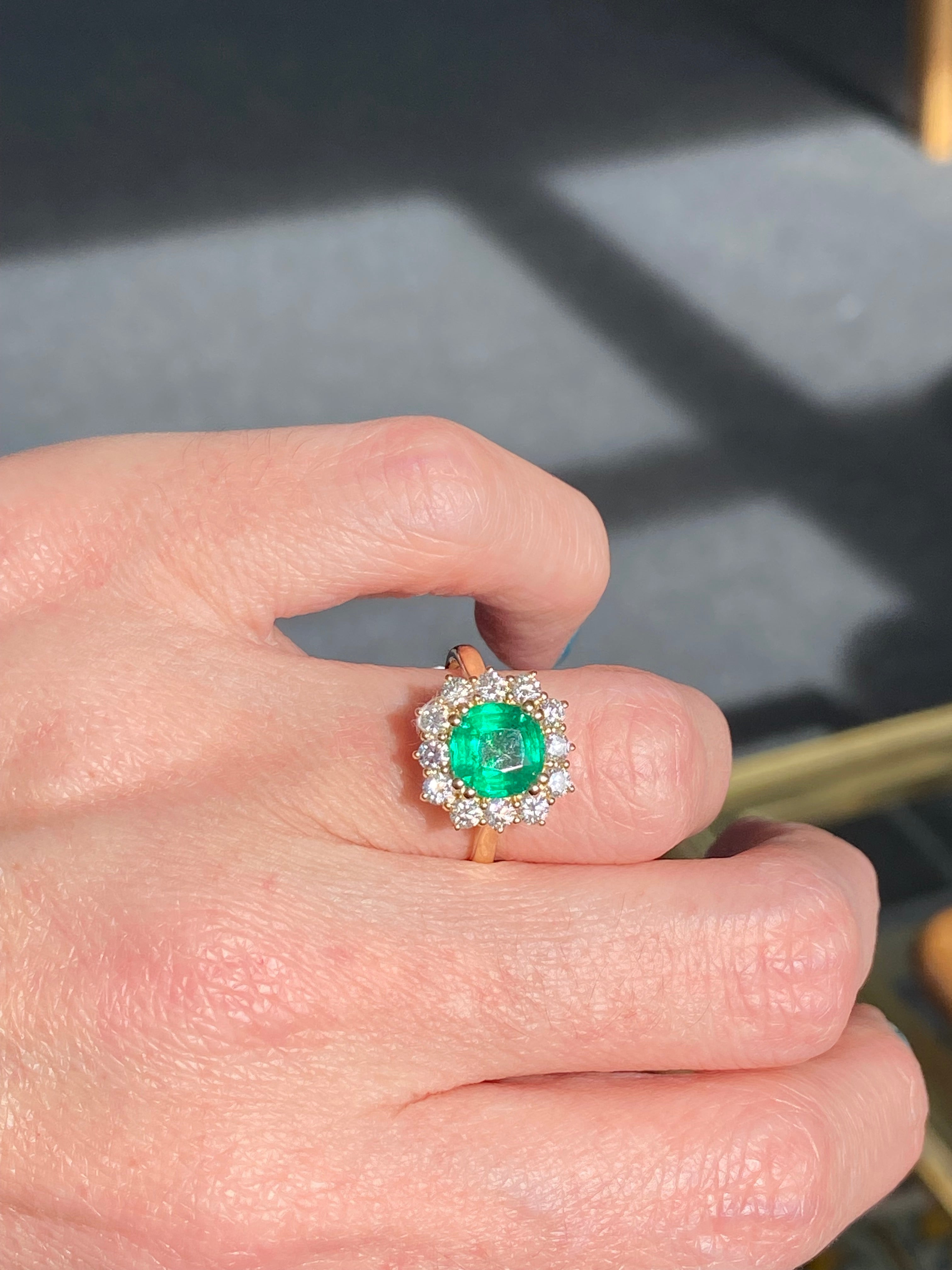 Masterpiece Cushion Cut Emerald and Natural Diamond Halo Ring in 18ct Yellow Gold