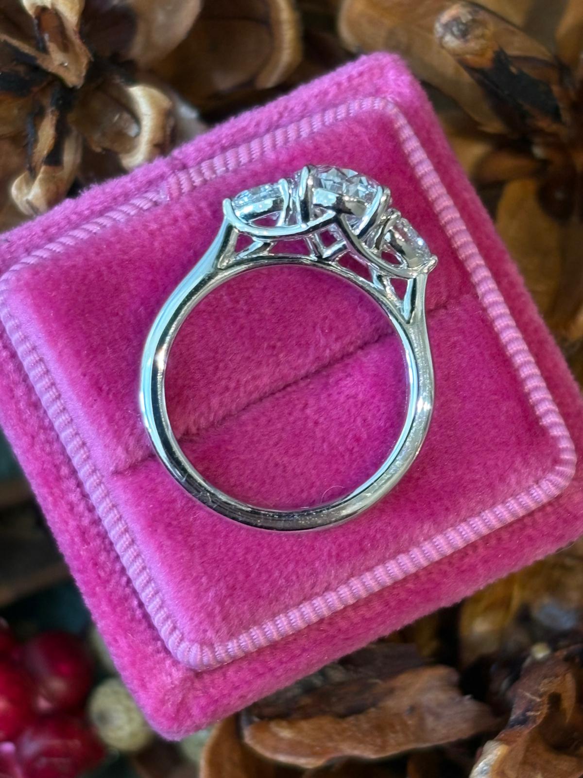 2.61 CTW Oval and Heart Cut D Colour VS2 Lab Diamond Three Stone Ring in Platinum