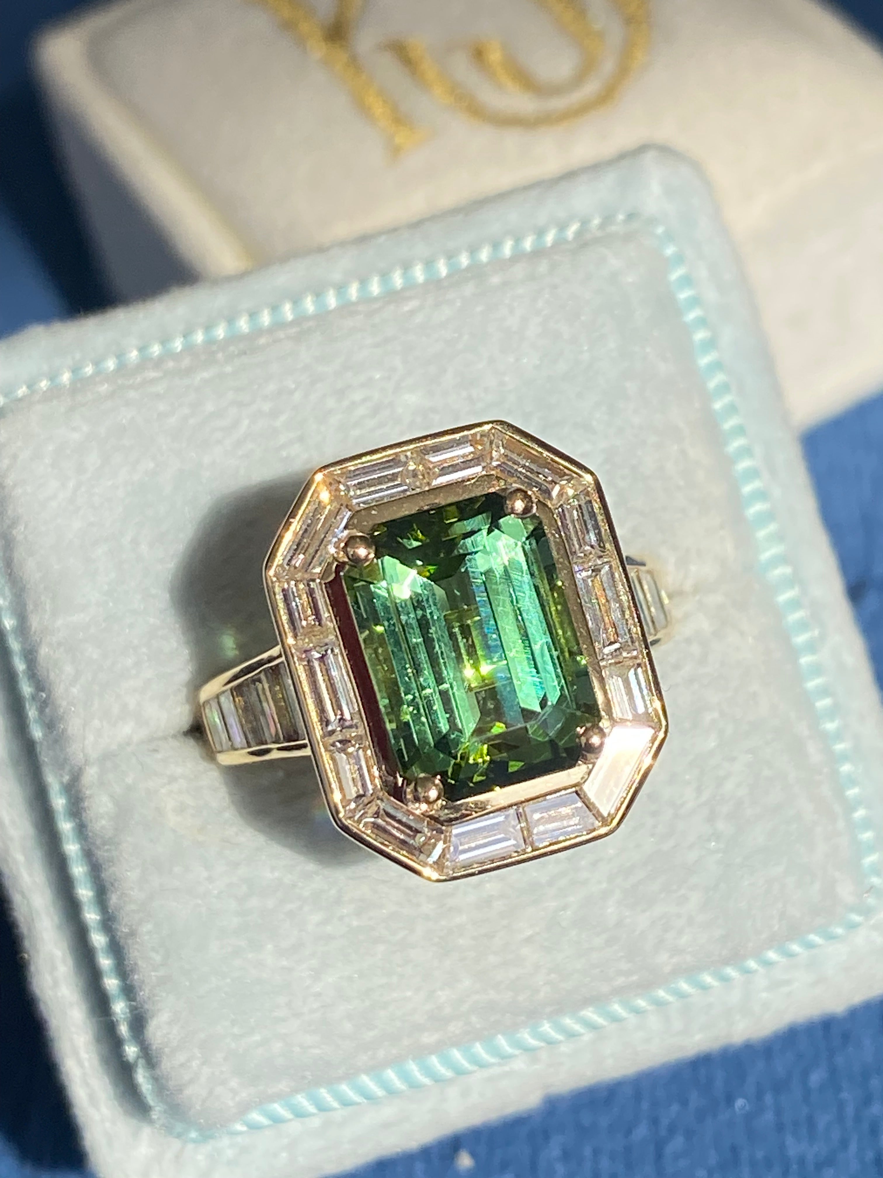 3.85 Carat Green Tourmaline and 1.84ctw Natural Diamond Ring in 18ct Yellow Gold