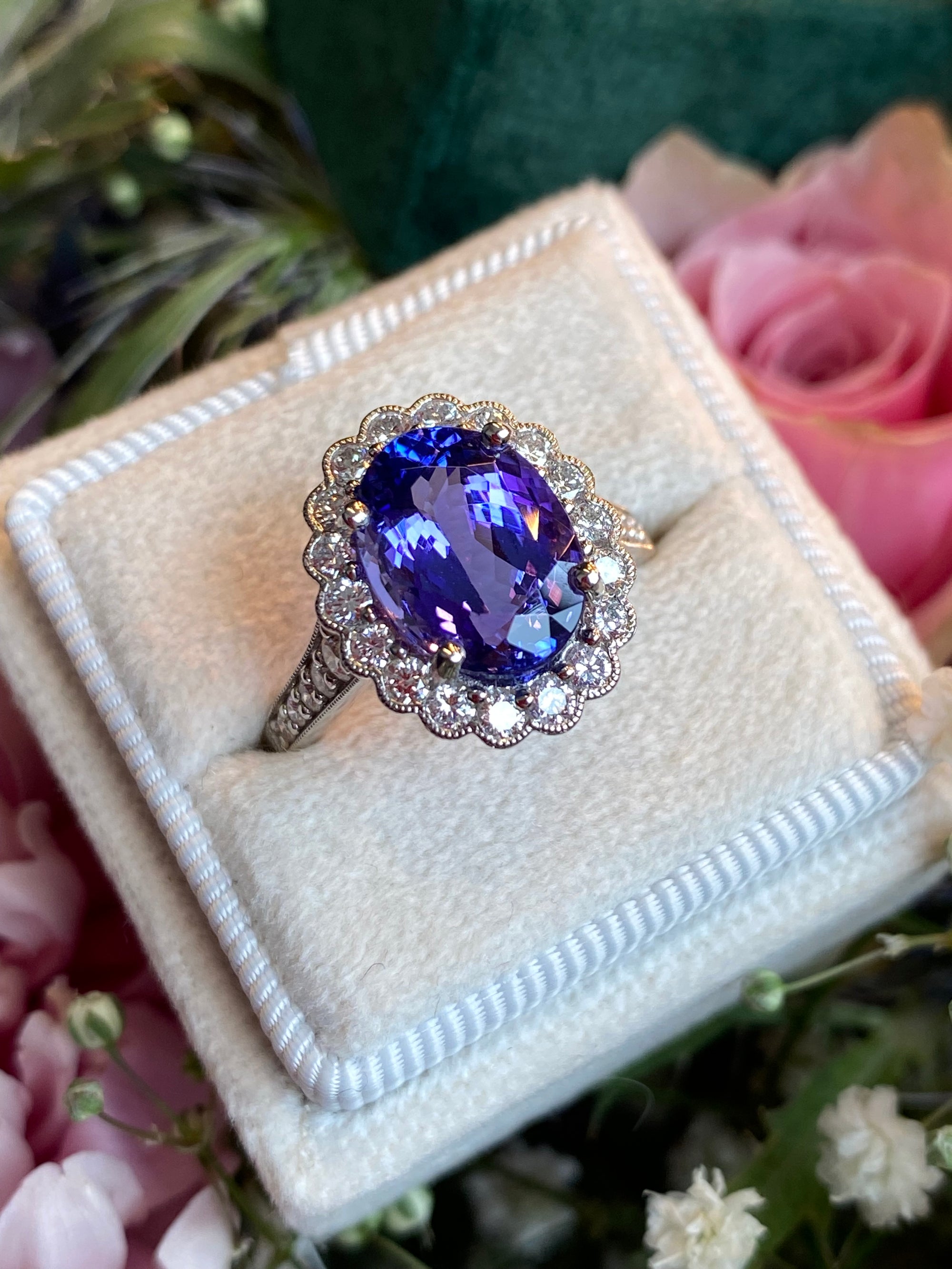 3.87 Carat Oval Cut Tanzanite and 0.75ctw Natural Diamond Cocktail Ring in Platinum