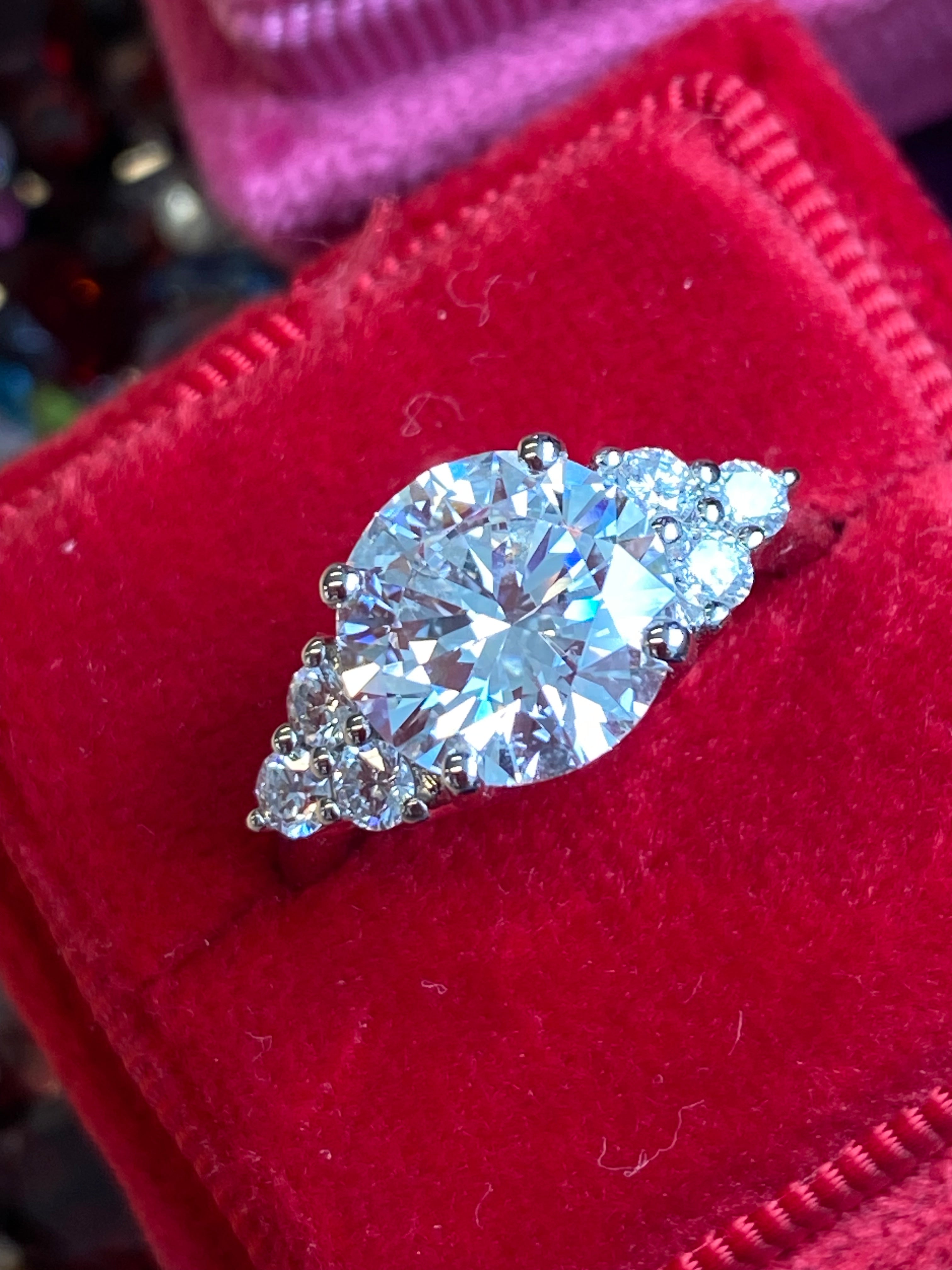 3.39 Carat Round Brilliant Cut D Colour VS1 Lab Diamond Trefoil Three Stone Ring in Platinum