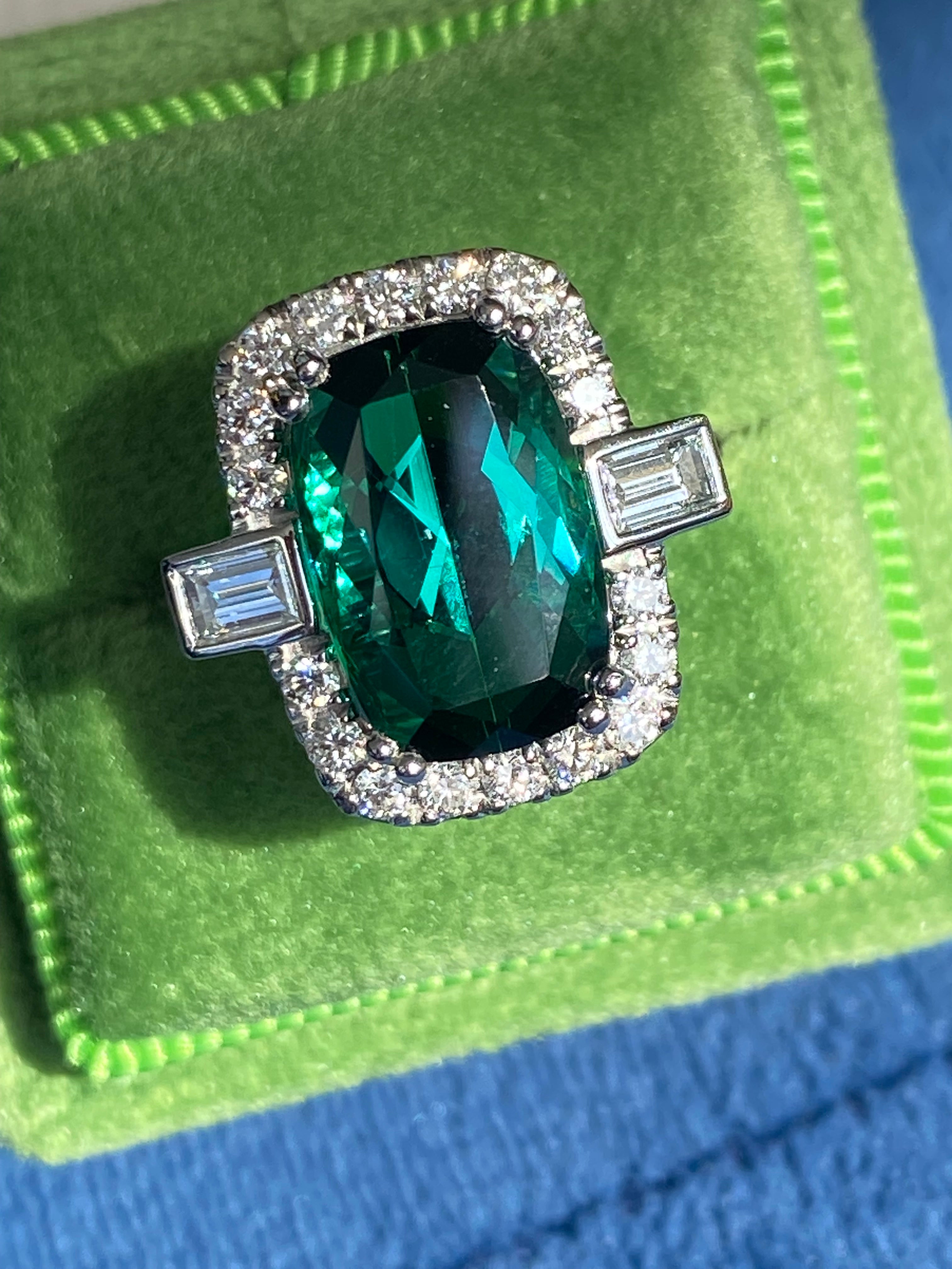 6.35 CTW Cut Teal Tourmaline and Natural Diamond Ring in Platinum