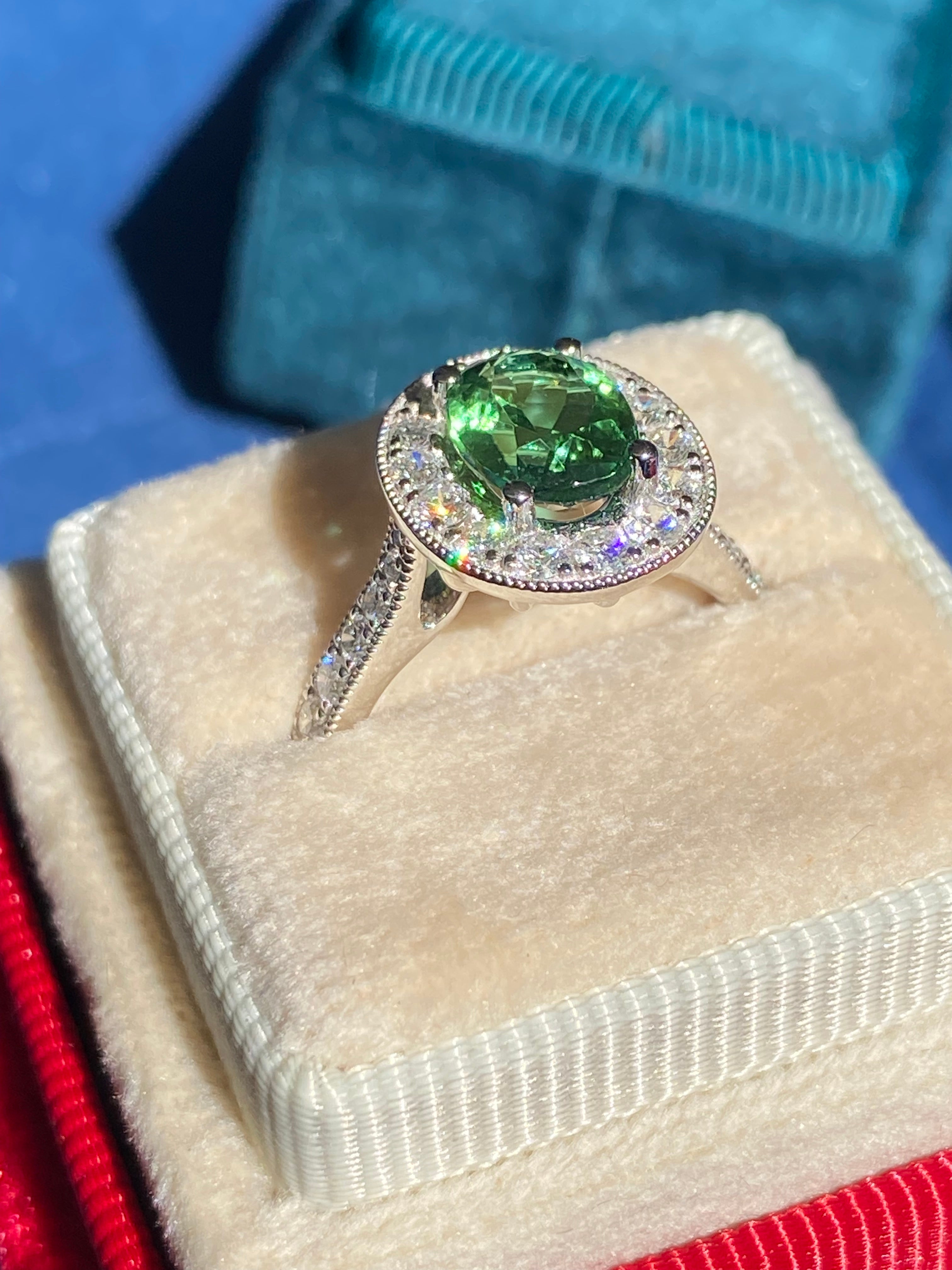 1.66 Carat Oval Cut Mint Tourmaline and 0.66 CTW Natural Diamond Ring in Platinum