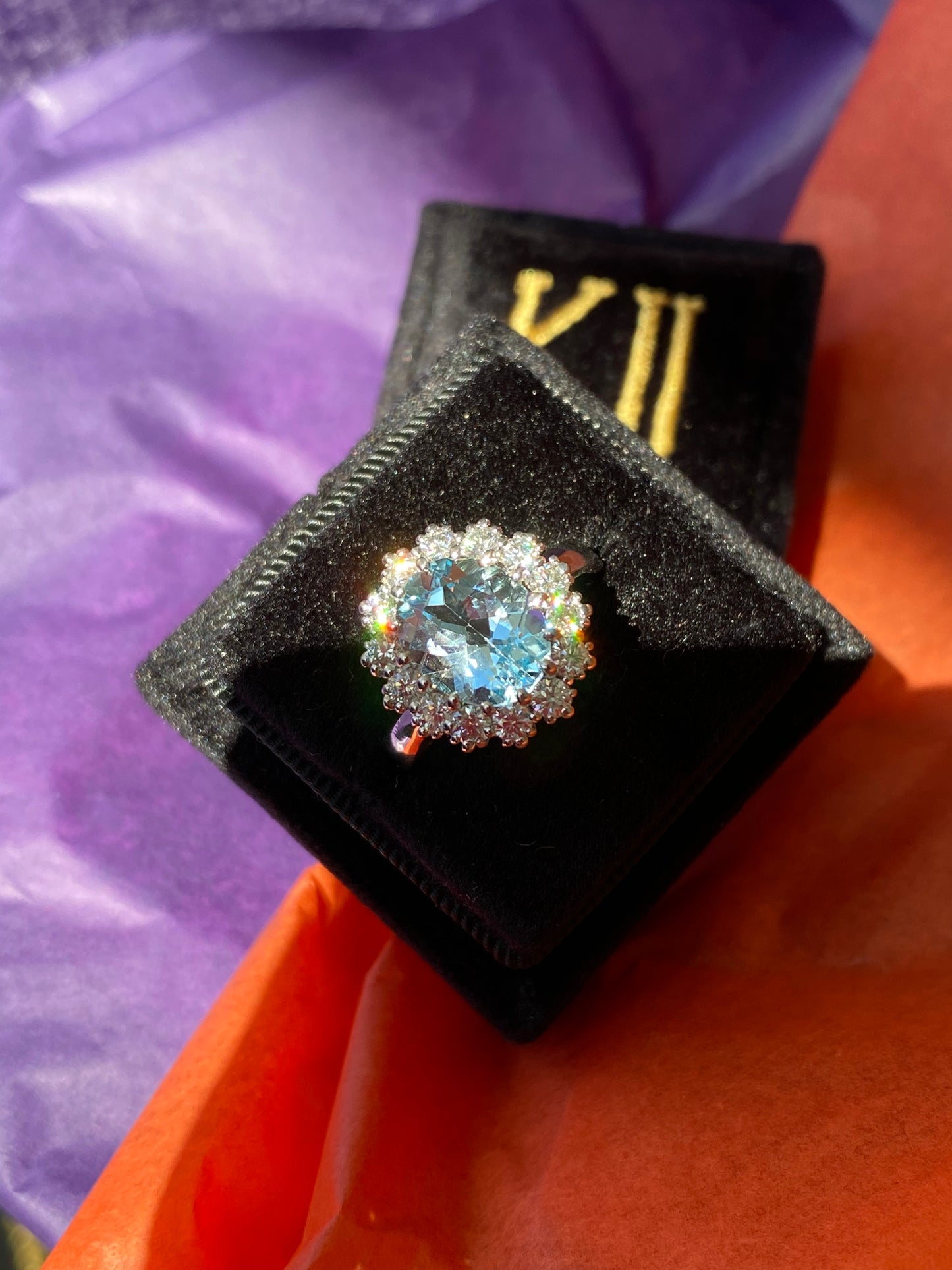 4.50 CTW Oval Cut Blue Topaz and Moissanite Halo Cluster Ring in Sterling Silver