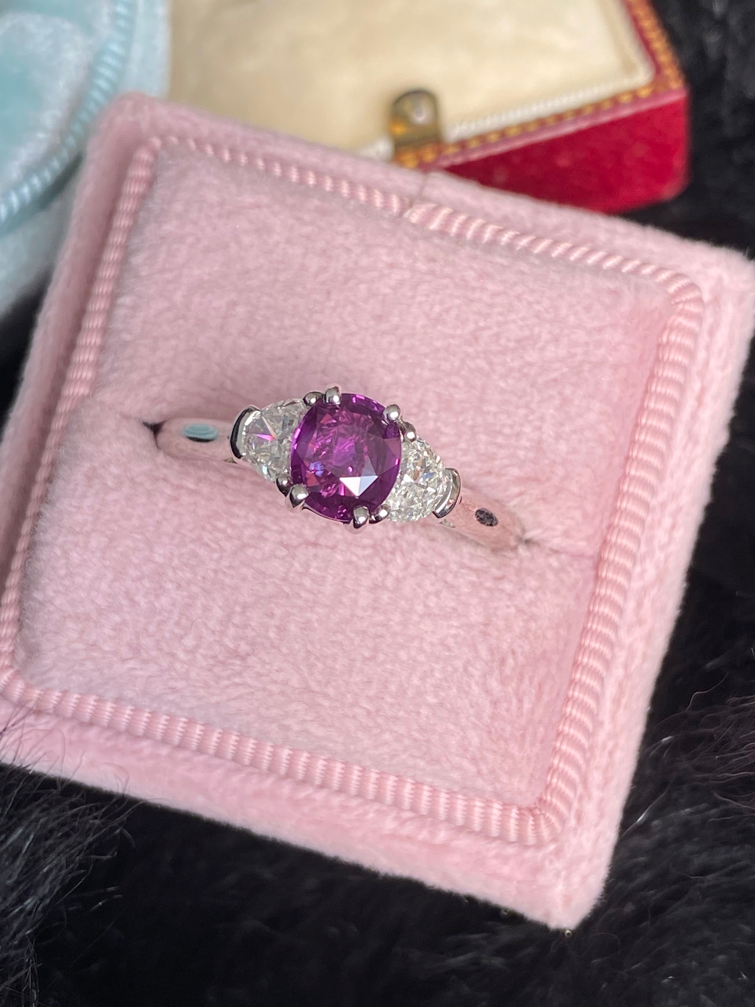 Ruby and Natural Diamond Three Stone in Platinum