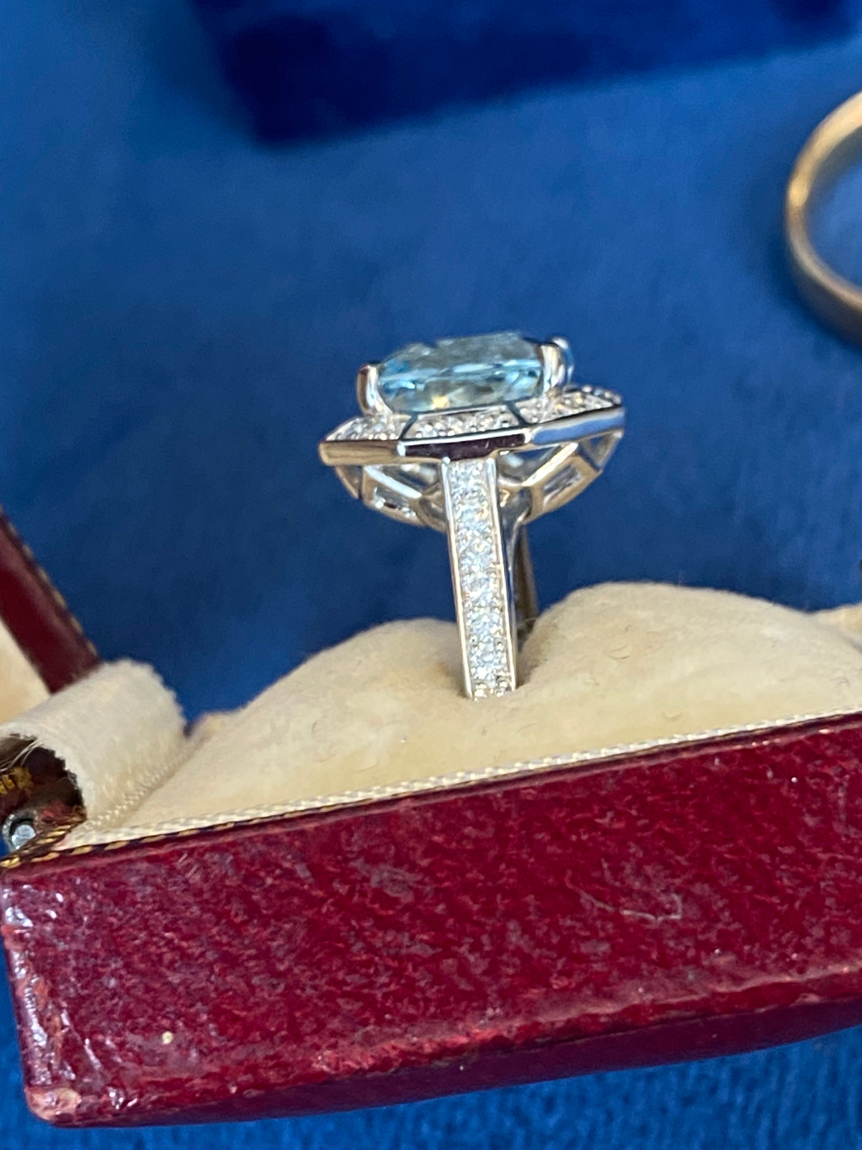 3.03 CTW Cushion Cut Art Deco Style Aquamarine and Natural Diamond Halo Engagement Ring in Platinum