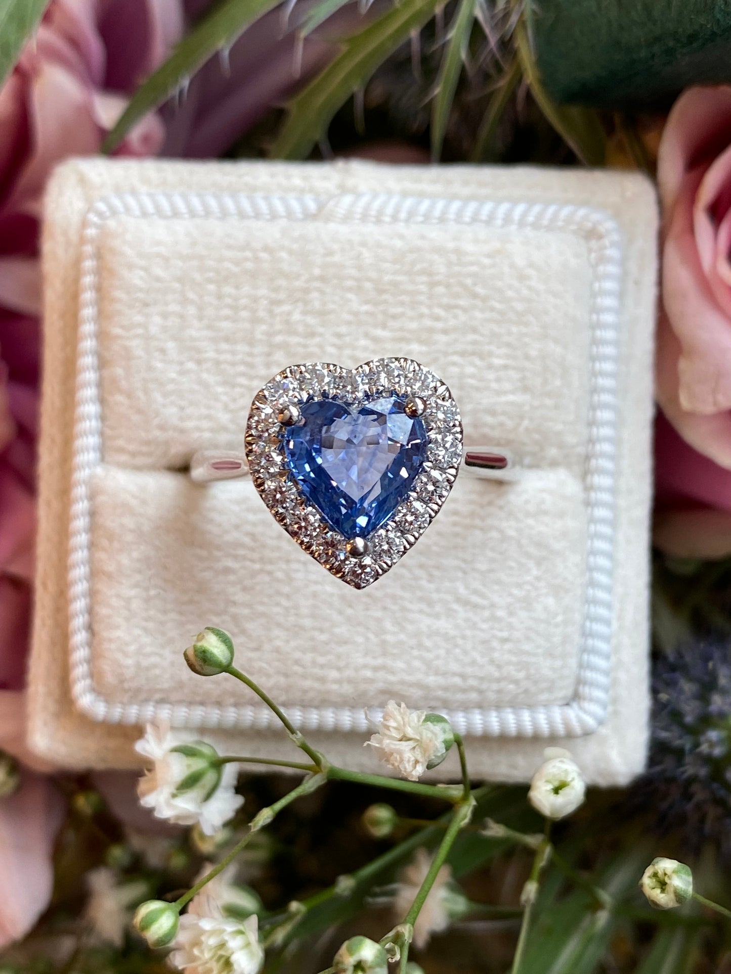 2.06 Carat Heart Shape Ceylon Sapphire and Natural Diamond Halo Ring in Platinum
