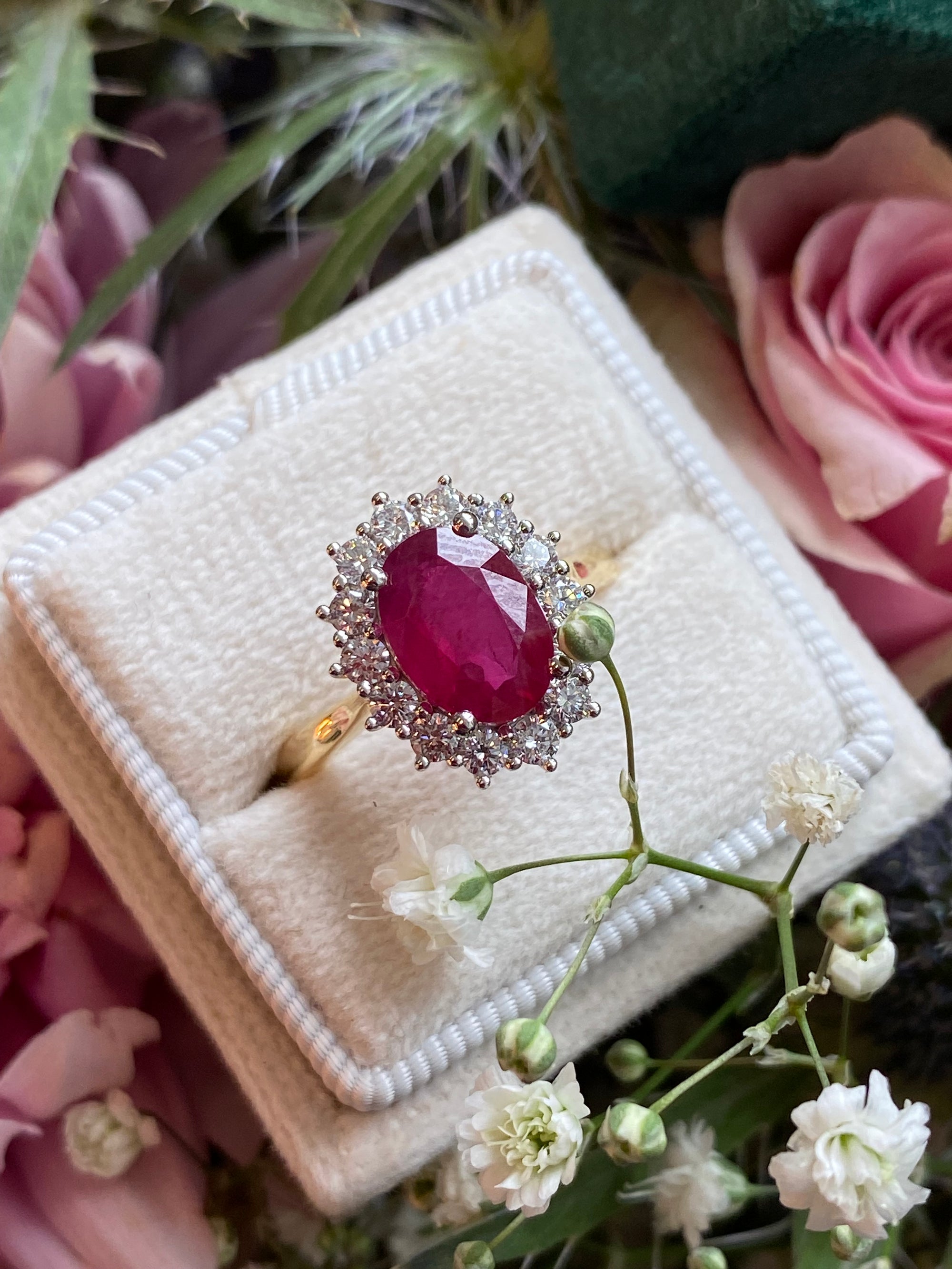2.95ctw Oval-Cut Ruby and Natural Diamond Halo Ring in Platinum and 18ct Yellow Gold