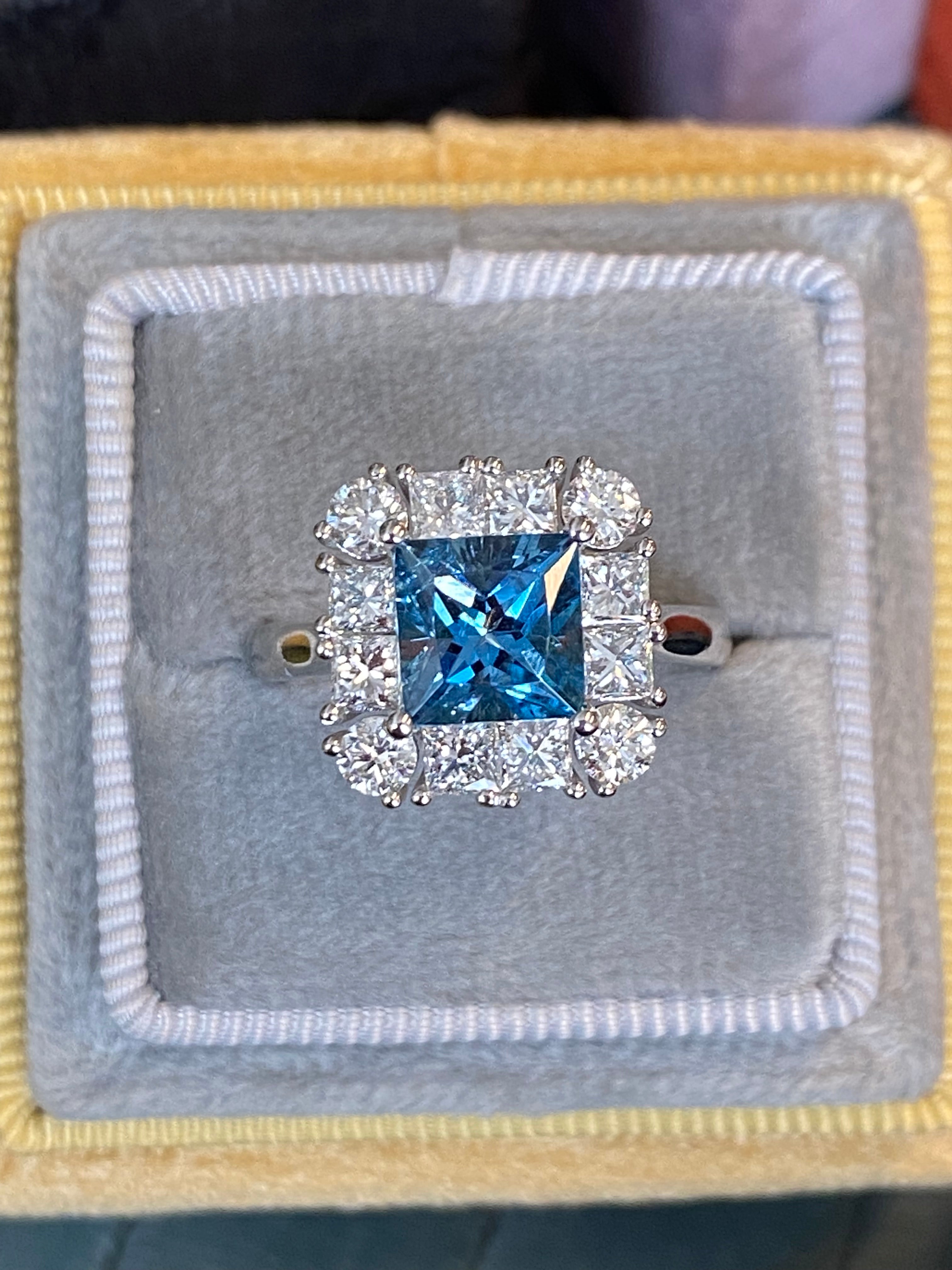 1.55 Carat Princess Cut Aquamarine and 1.32 CTW Natural Diamond Halo Engagement Ring in Platinum