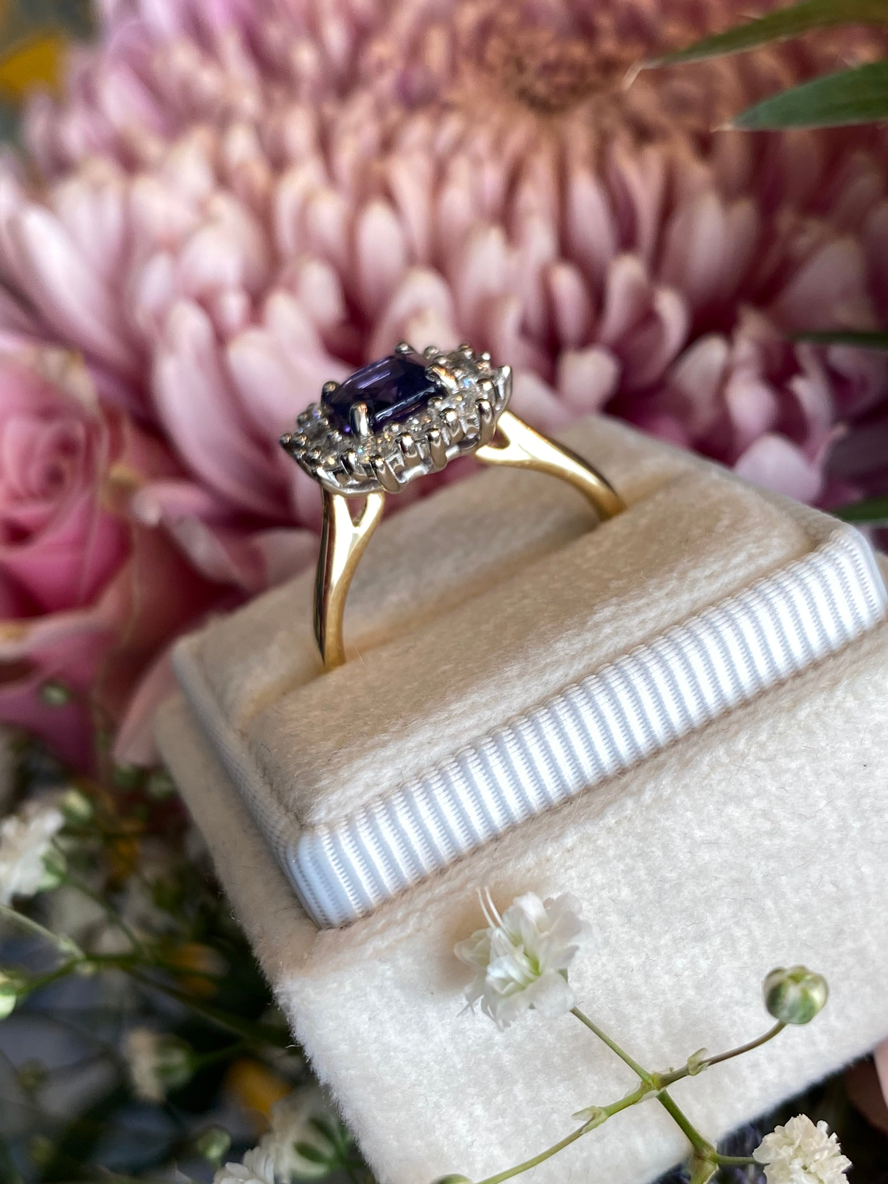 1.31 Carat Purple Sapphire and 0.60ctw Natural Diamond Halo Ring in Platinum and 18ct Gold