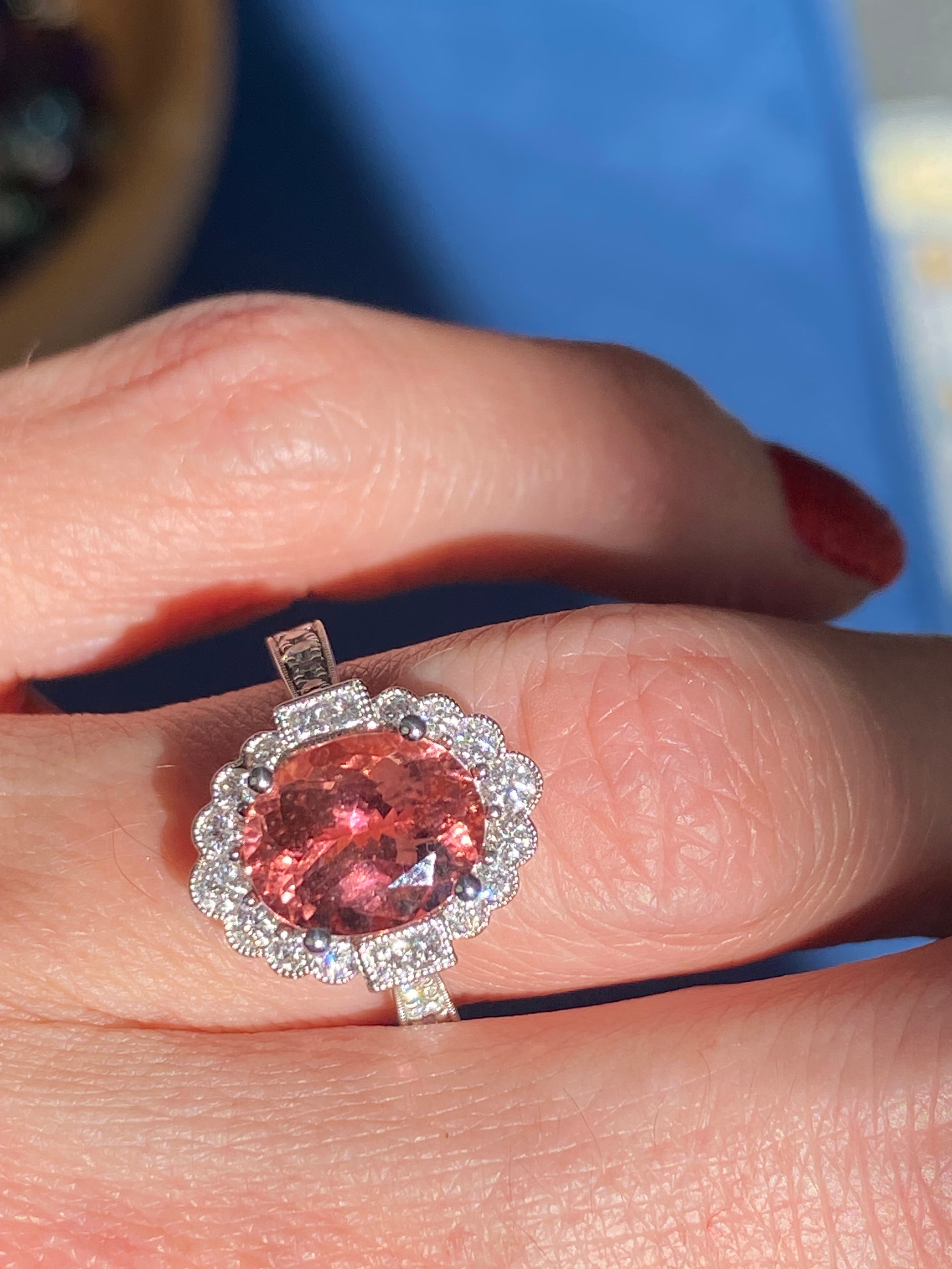 3.69 CTW Rose Tourmaline and Natural Diamond Halo Ring in Platinum