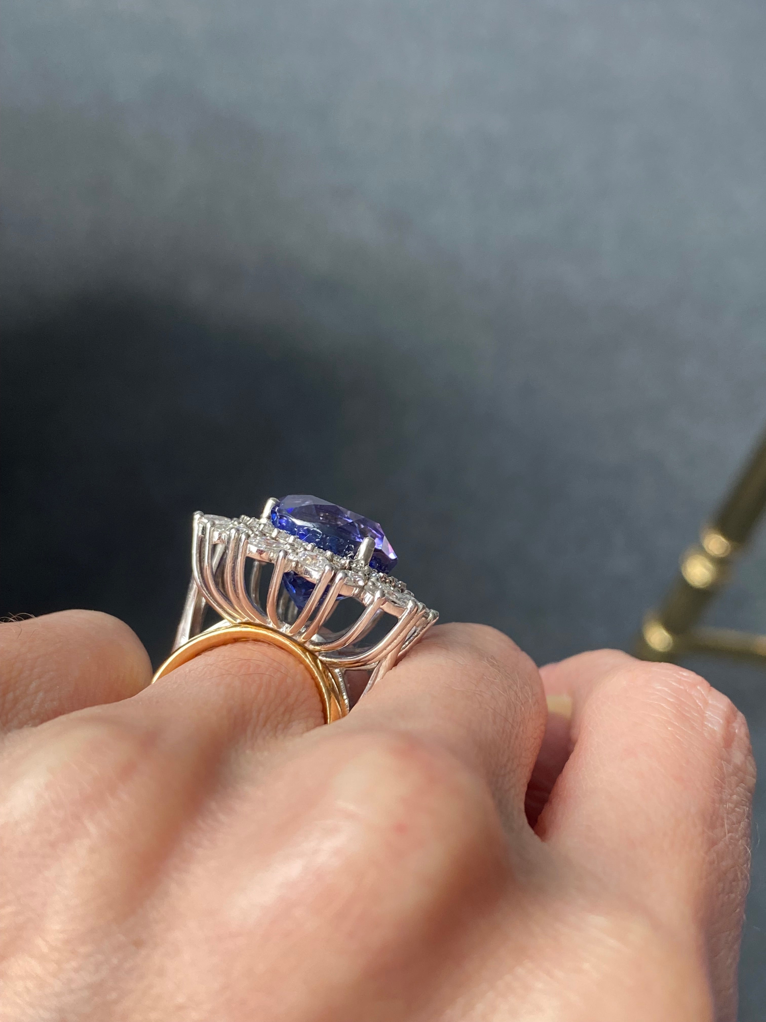 15.96 Carat Round Cut Tanzanite and 2.88ctw Natural Diamond Cocktail Ring in Platinum