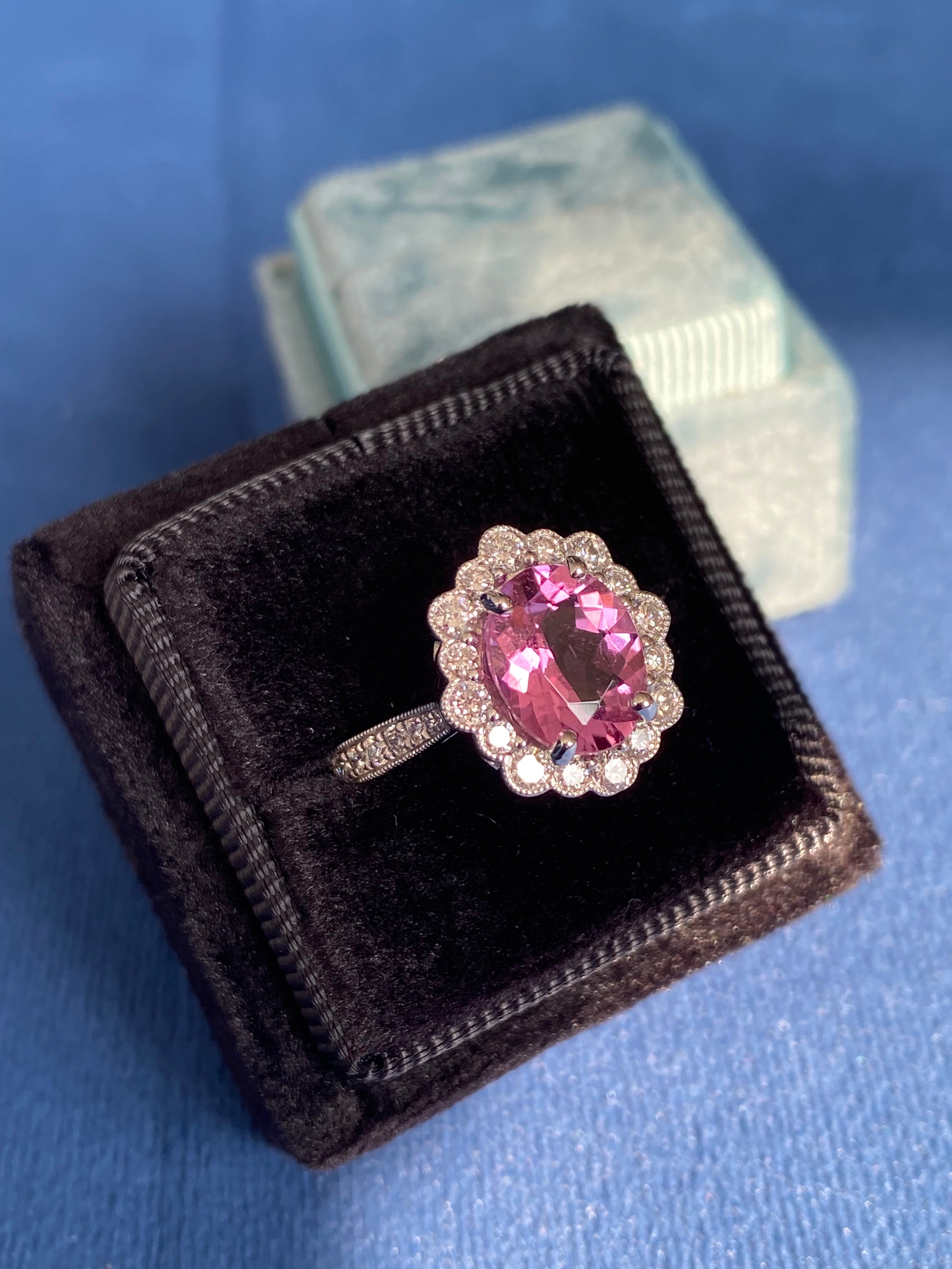 3.01 CTW Pink Tourmaline and Natural Diamond Halo Ring in Platinum