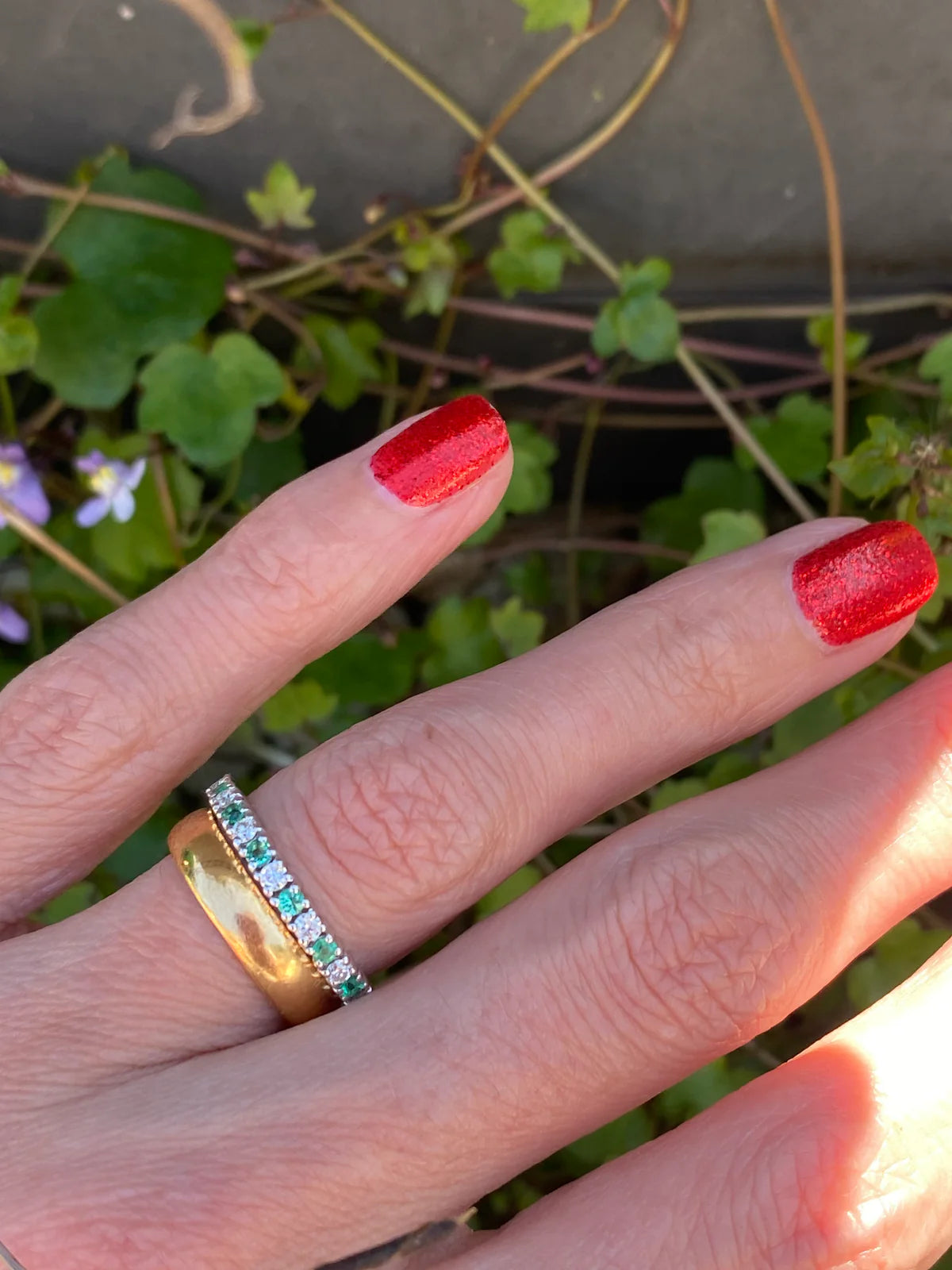 0.47ctw Natural Emerald and Natural Diamond Eternity Stacking Ring in 9ct Yellow Gold