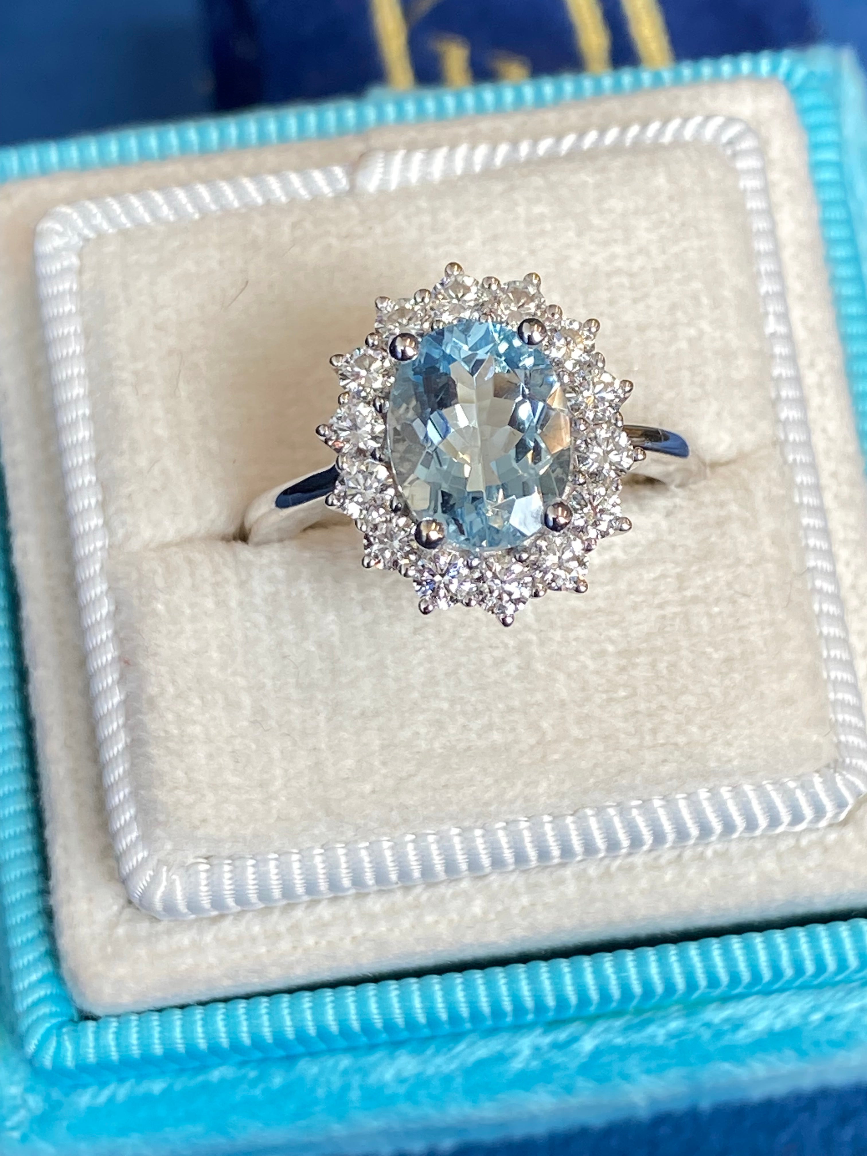2.02 CTW Oval Cut Aquamarine and Natural Diamond Halo Engagement Ring in Platinum