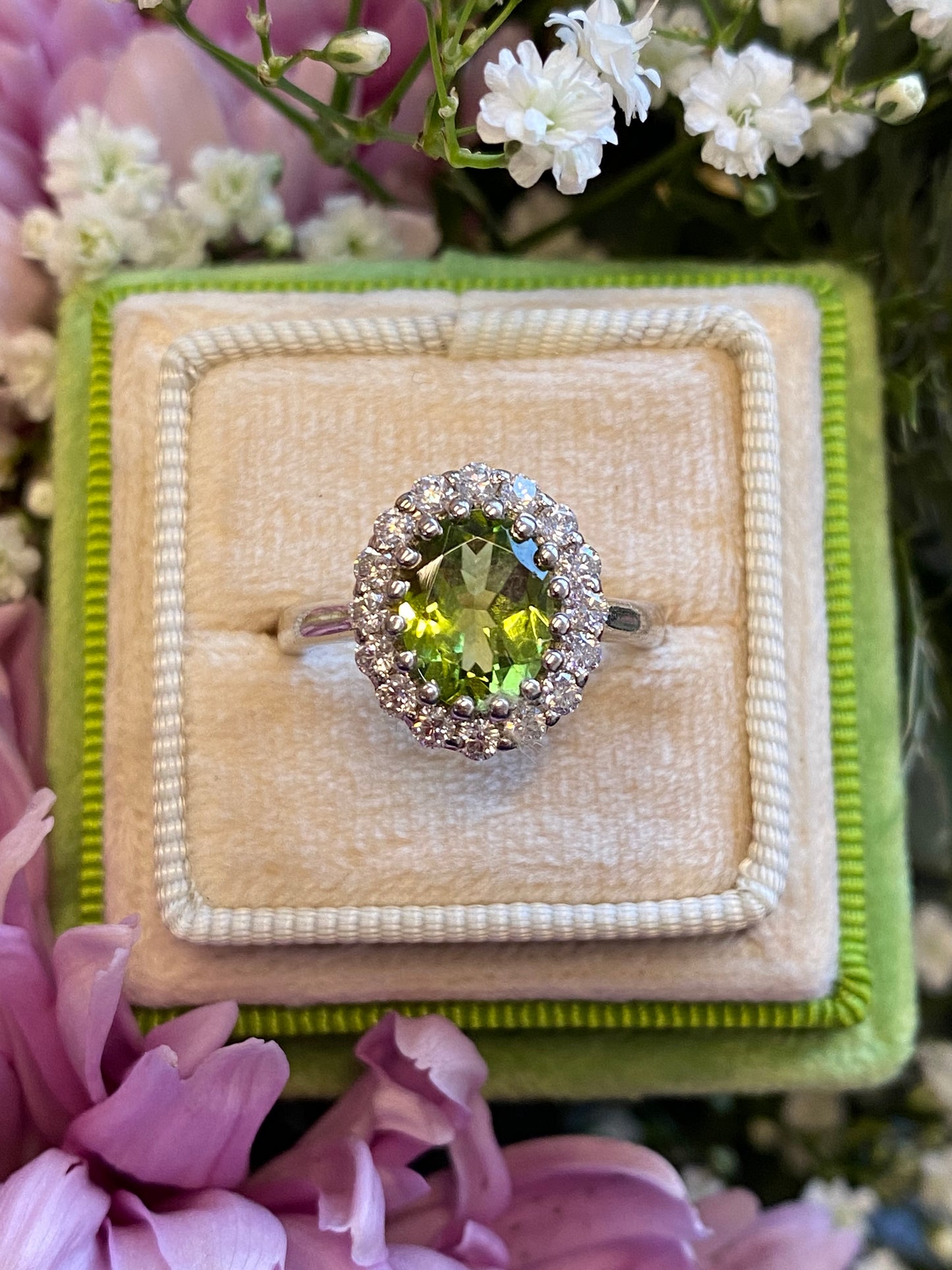 2.33 CTW Oval Cut Peridot and Moissanite Halo Cocktail Ring in Sterling Silver