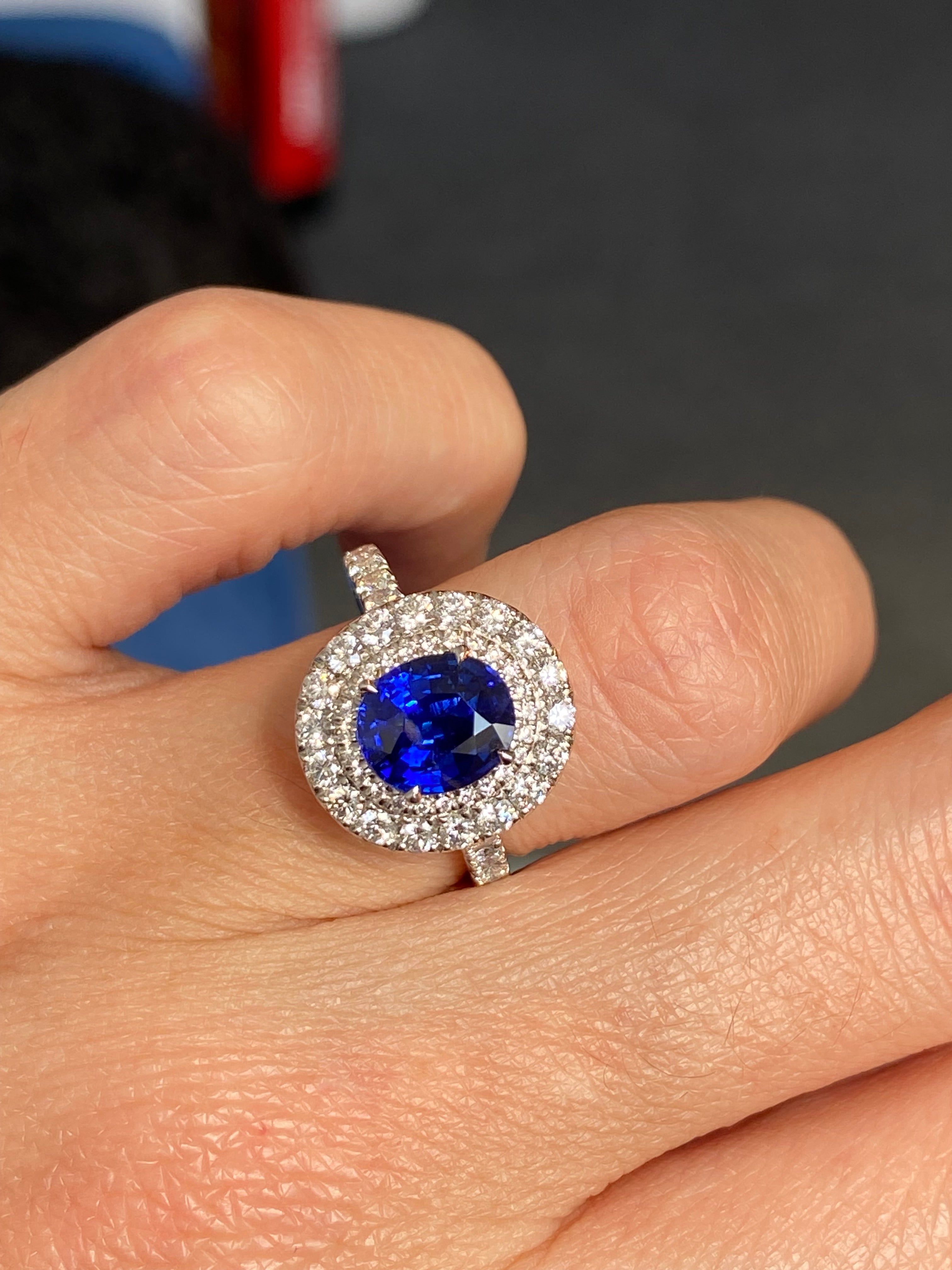 2.21 Carat Blue Ceylon Sapphire and 1.04 CTW Natural Diamond Halo Ring in Platinum