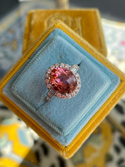 3.47 Carat Chequerboard Cut Pink Tourmaline and Natural Diamond Ring in Platinum