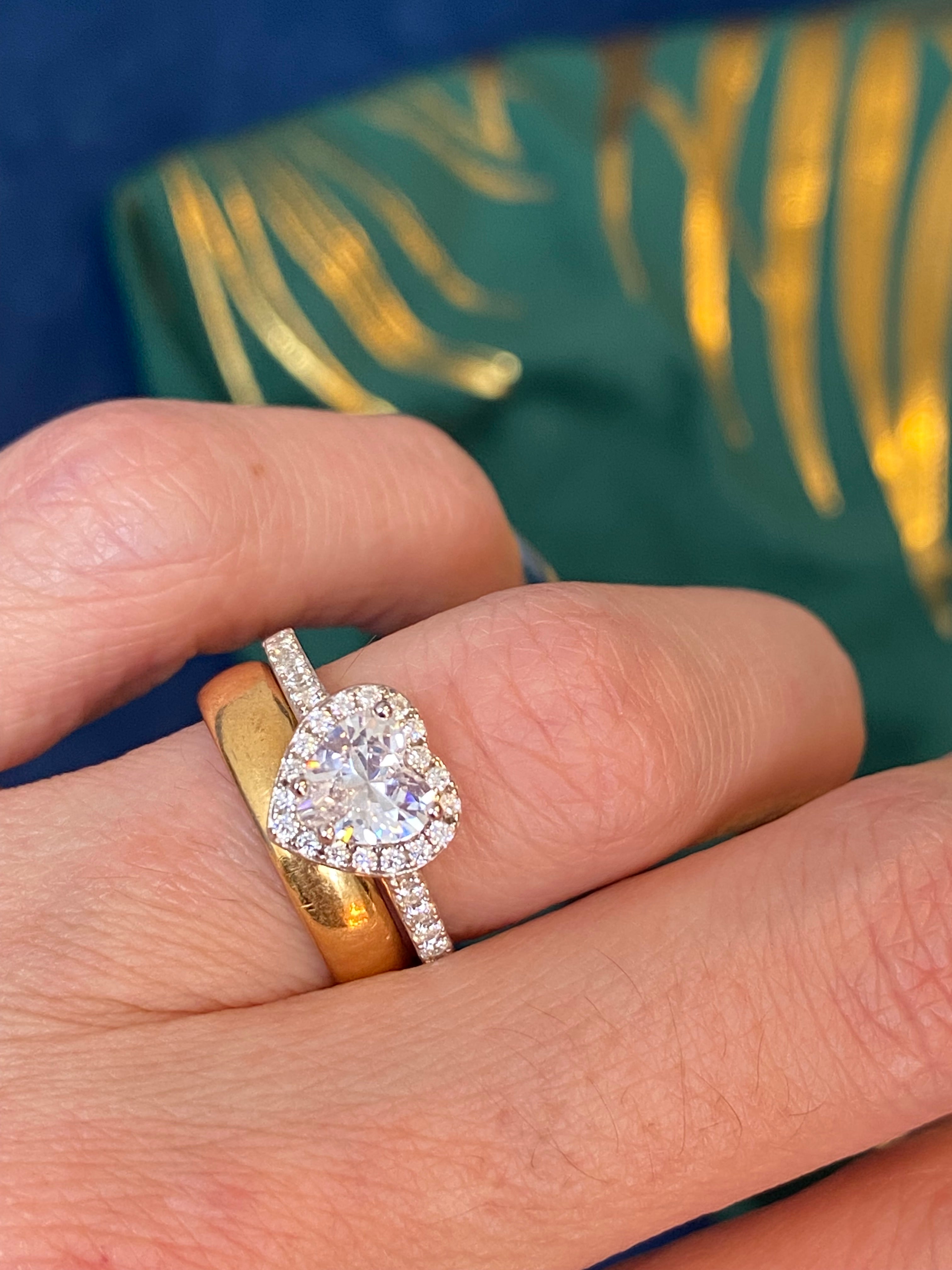 Heart Shape Moissanite Halo Engagement and Wedding / Eternity Ring Set in Sterling Silver
