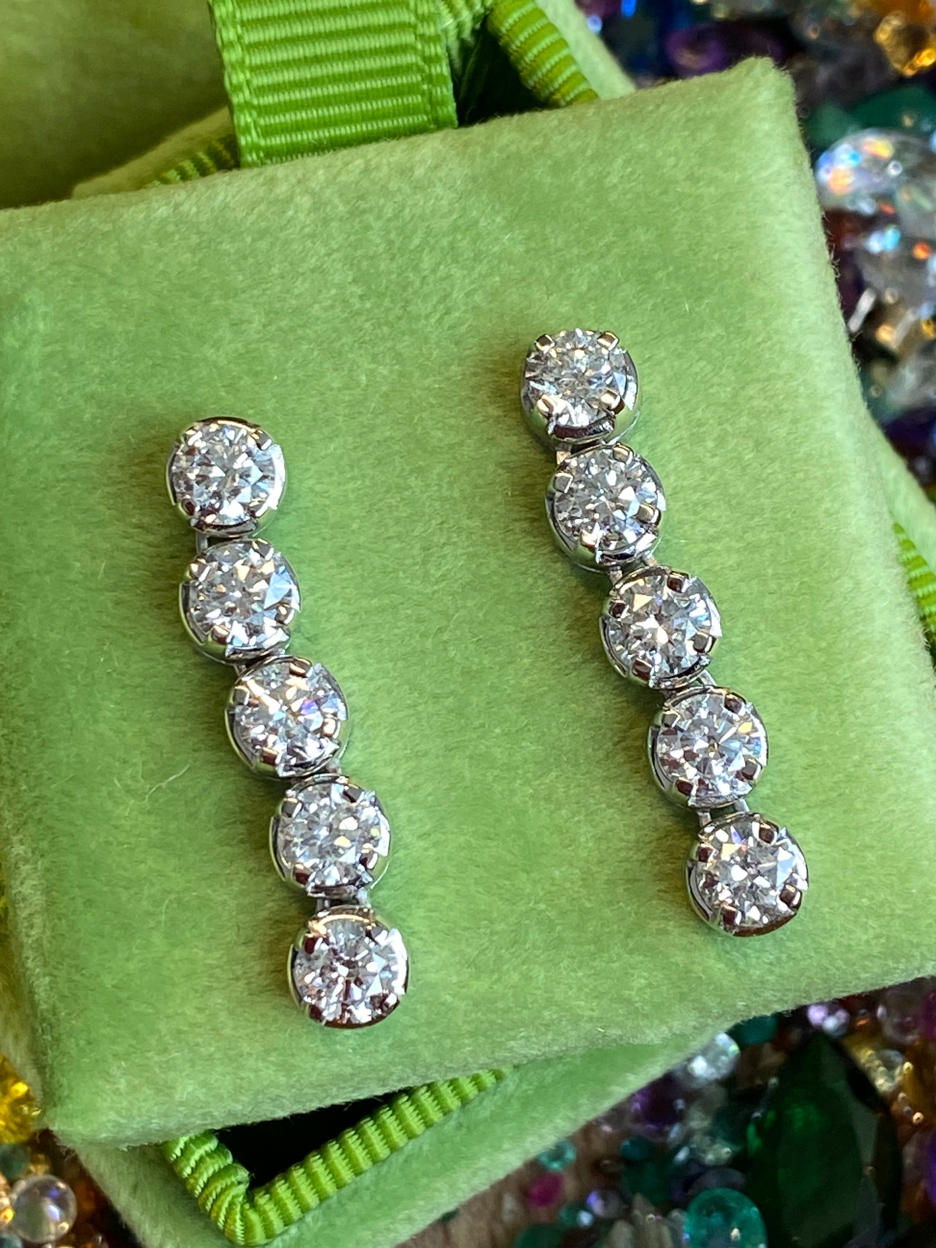 Spectacular 3.00 Carat Natural Diamond Five Stone Drop Earrings in 18ct White Gold