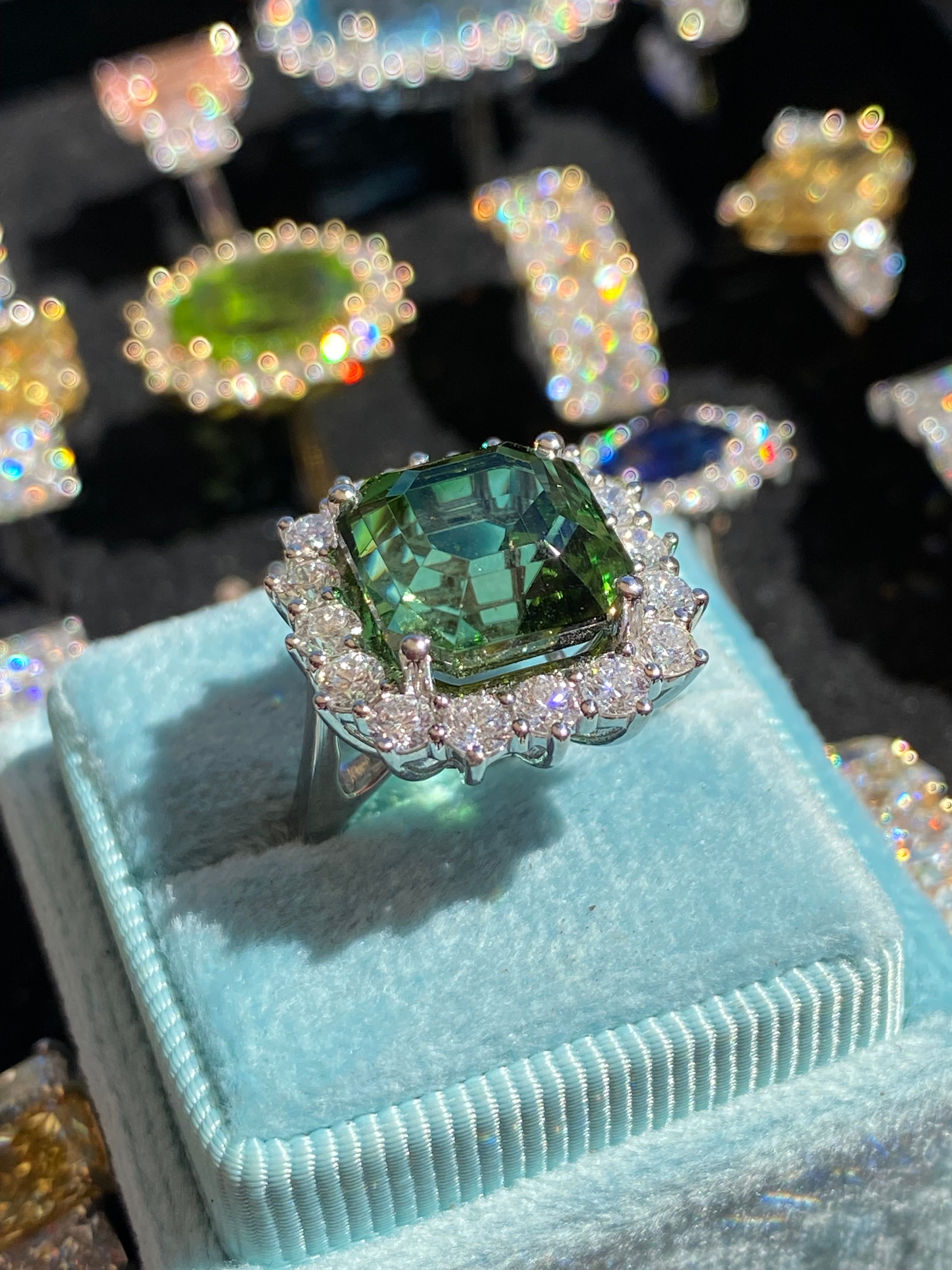 8.44 Carat Asscher Cut Green Tourmaline and 1.38ctw Natural Diamond Ring in Platinum