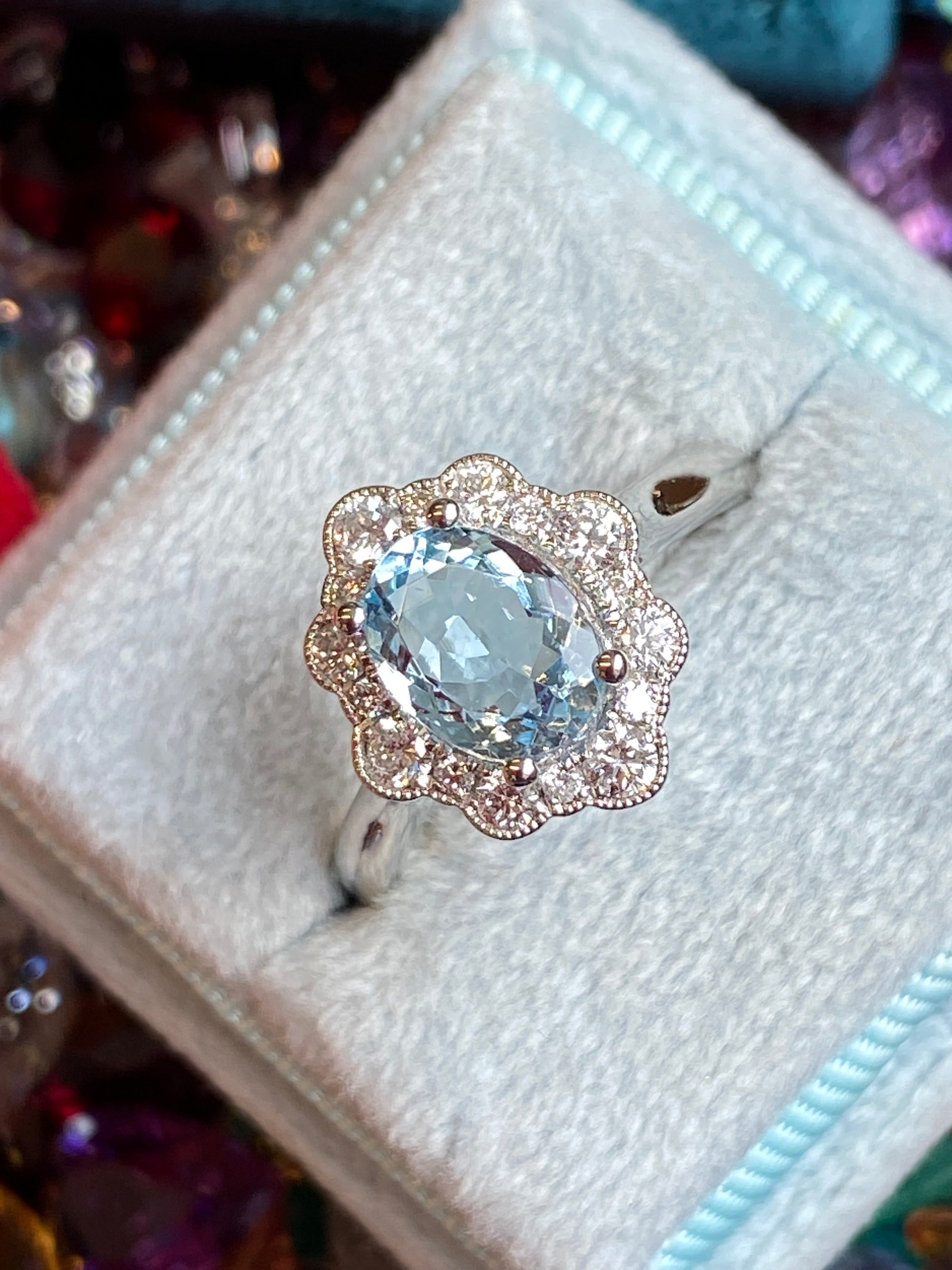 1.55 CTW Oval Cut Aquamarine and Natural Diamond Halo Engagement Ring in Platinum