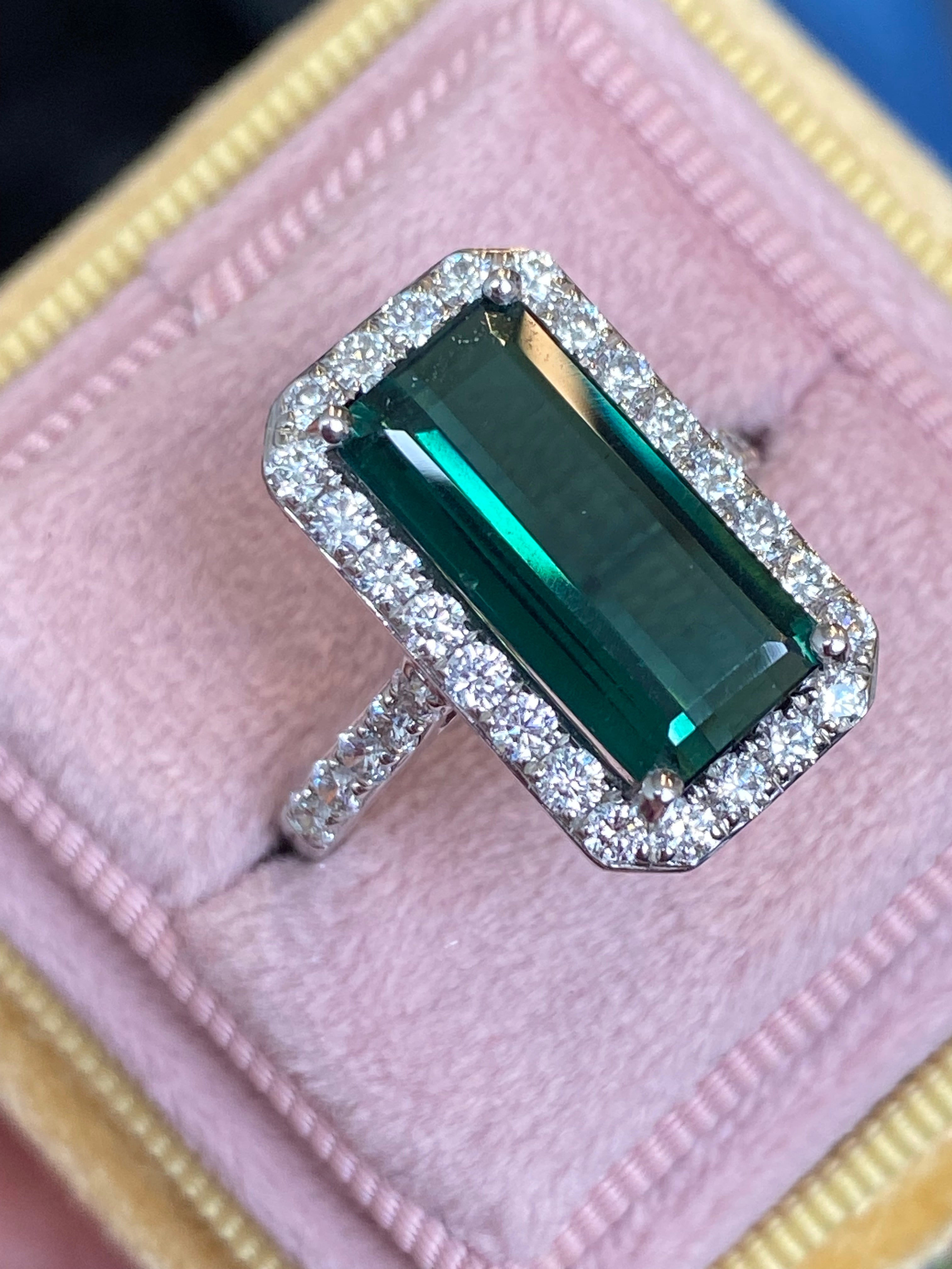 5.28 CTW Emerald Cut Green Tourmaline and Natural Diamond Ring in Platinum