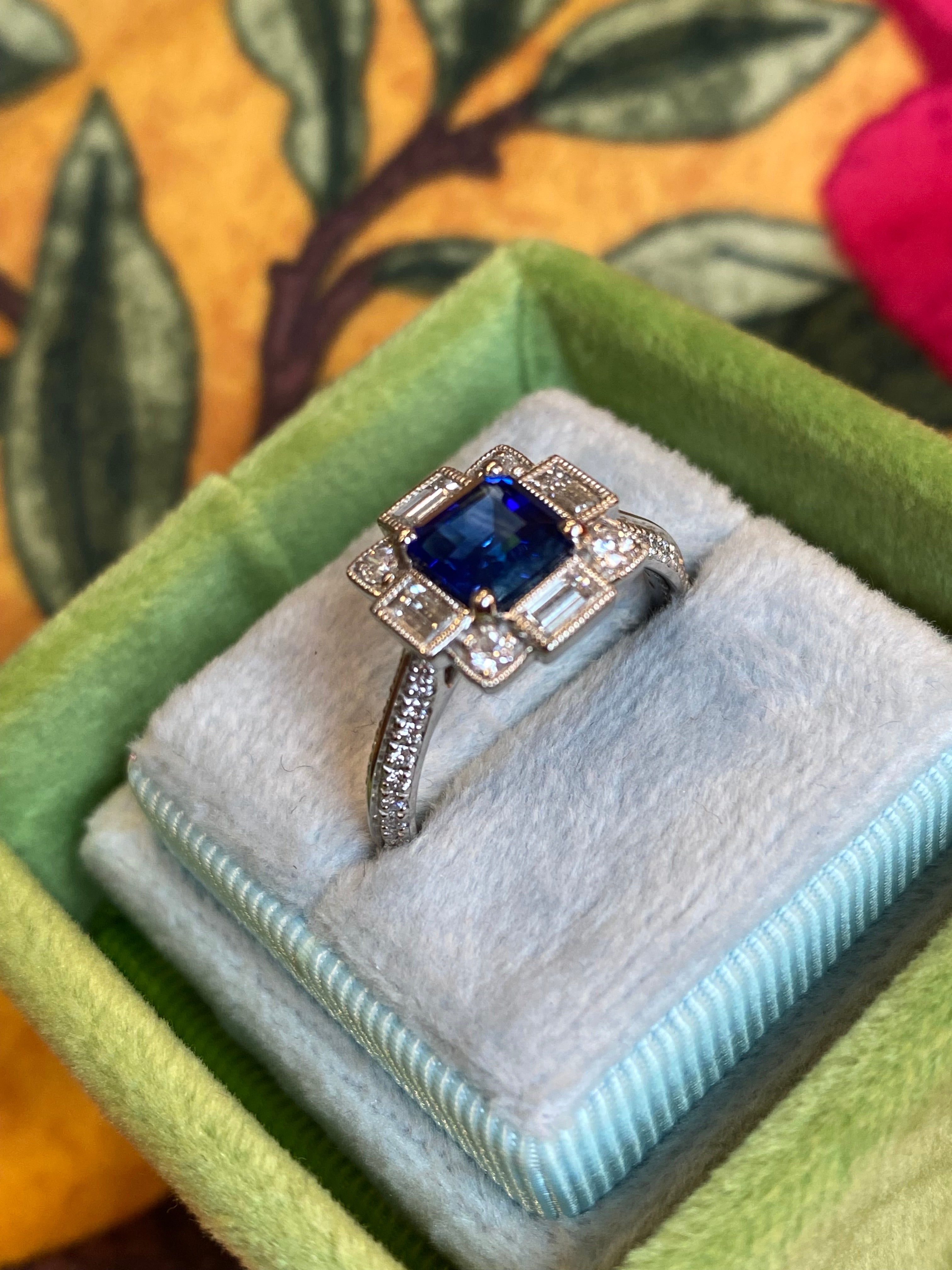 1.79 CTW Blue Ceylon Sapphire and Natural Diamond Art Deco Style Halo Ring in Platinum