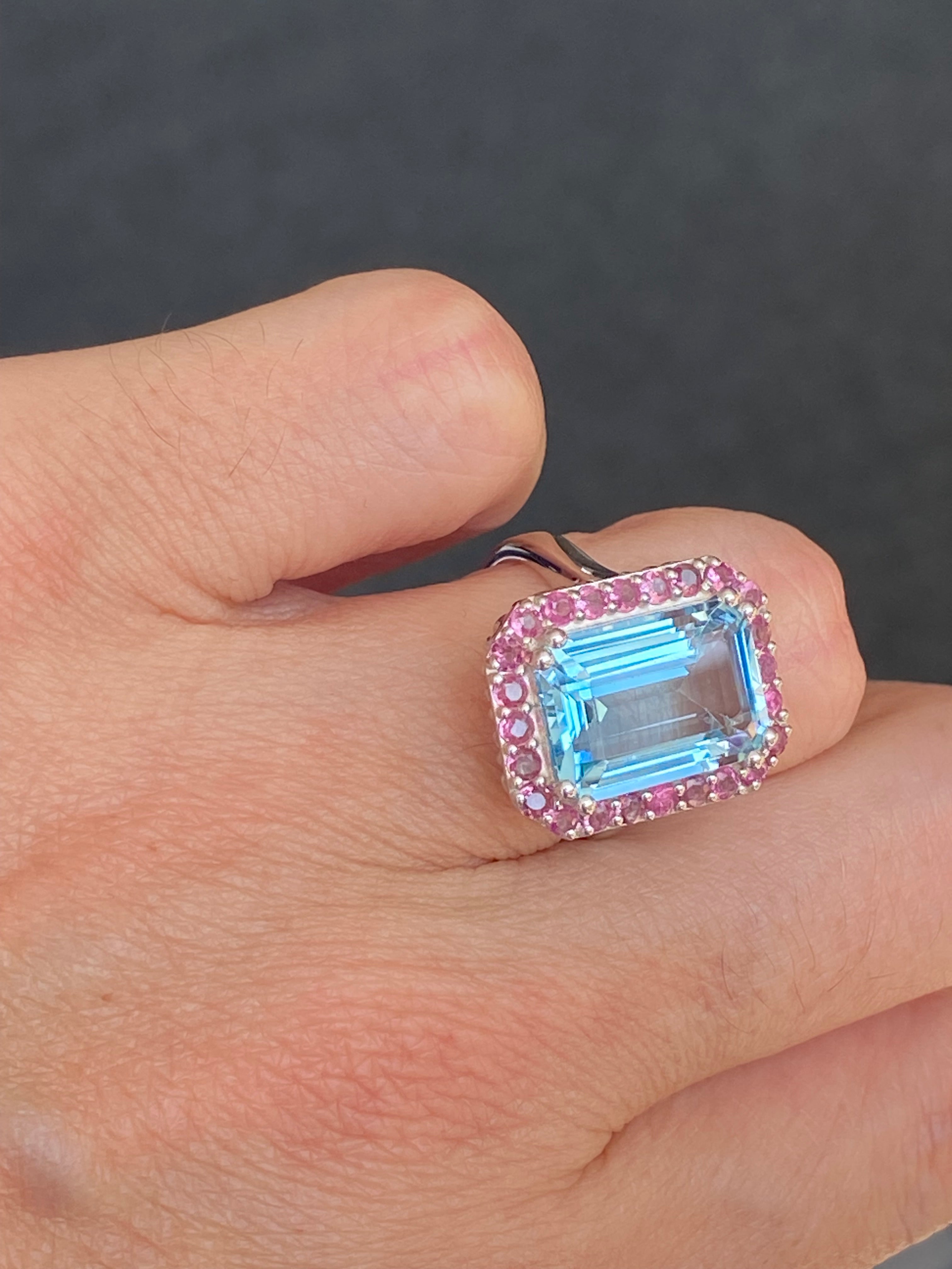 6.50 CTW Blue Topaz and Pink Tourmaline Halo Ring in Sterling Silver