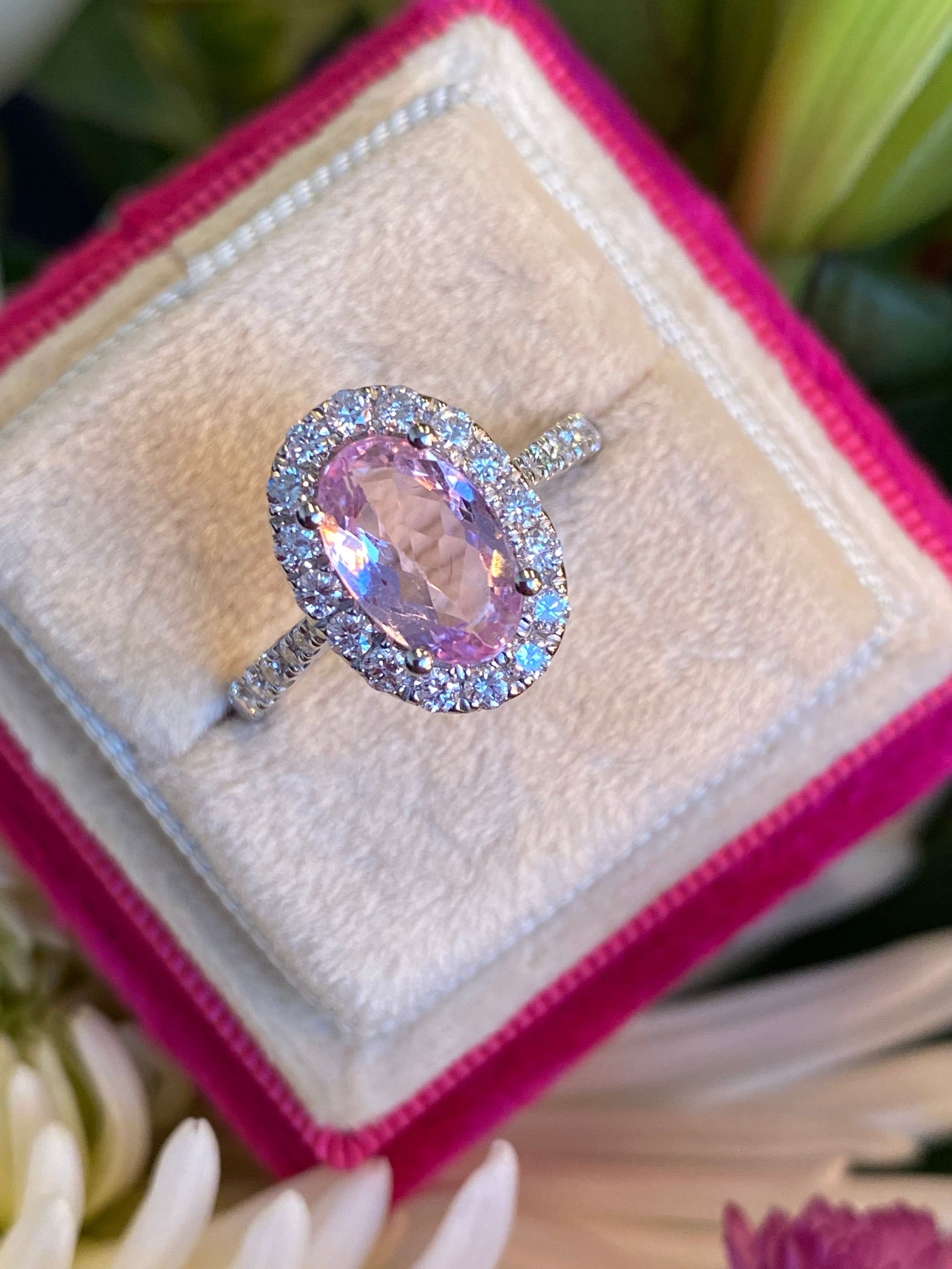 1.94 CTW Oval Cut Pink Topaz and Natural Diamond Halo Ring in Platinum