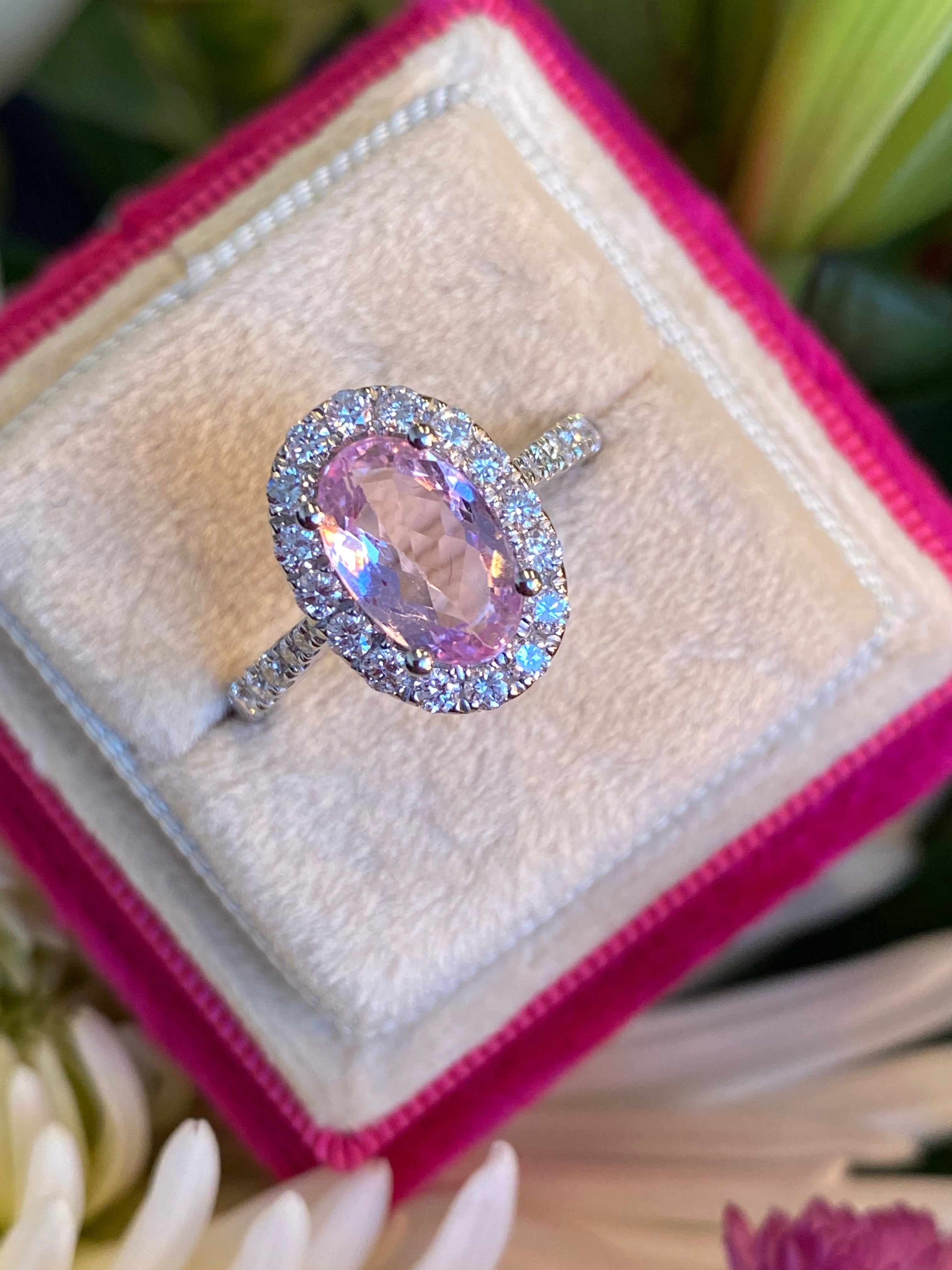1.94 CTW Oval Cut Pink Topaz and Natural Diamond Halo Ring in Platinum