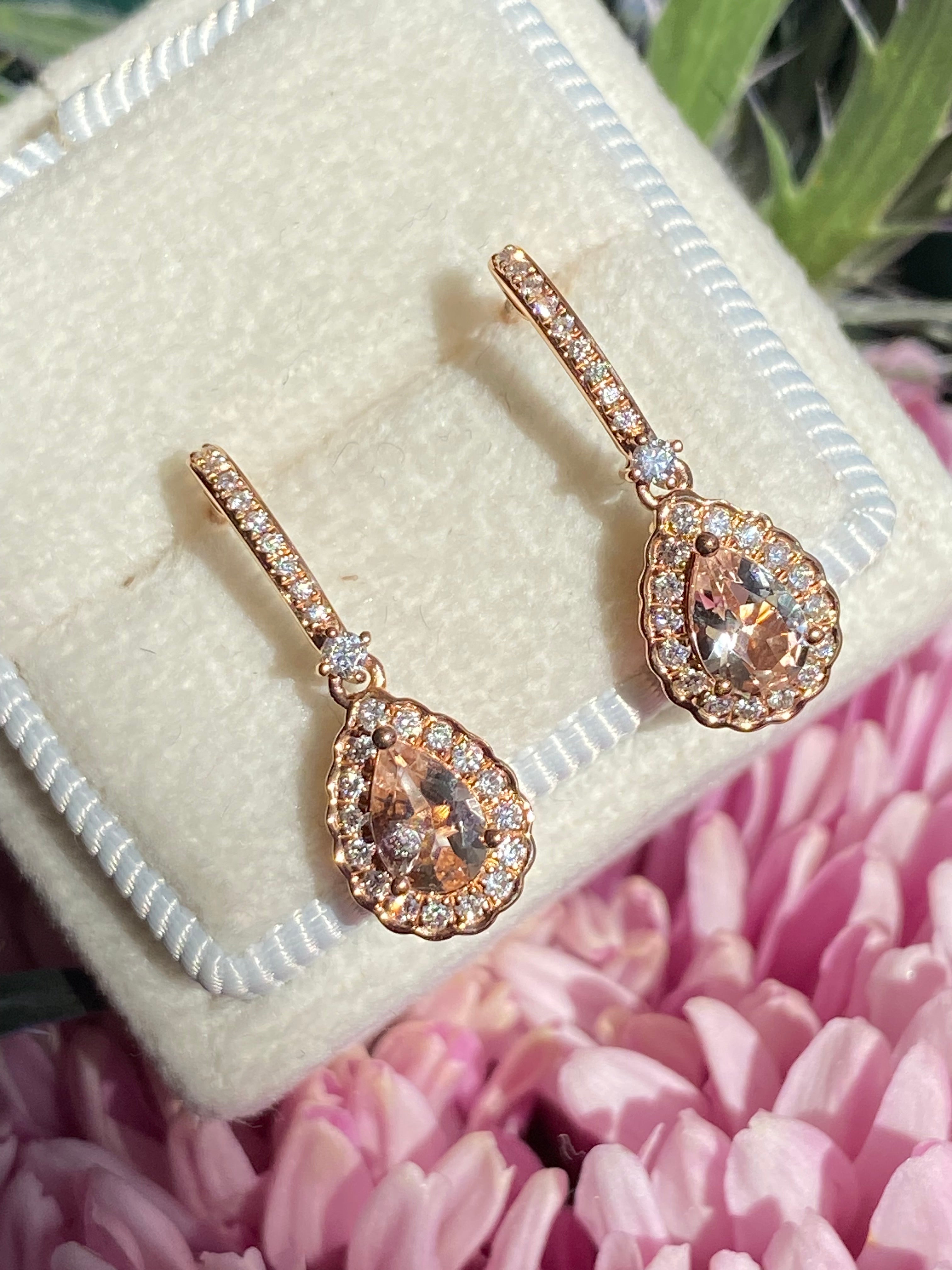 Beautiful Pear Cut Morganite and Natural Diamond Drop Earrings in 18ct Rose Gold
