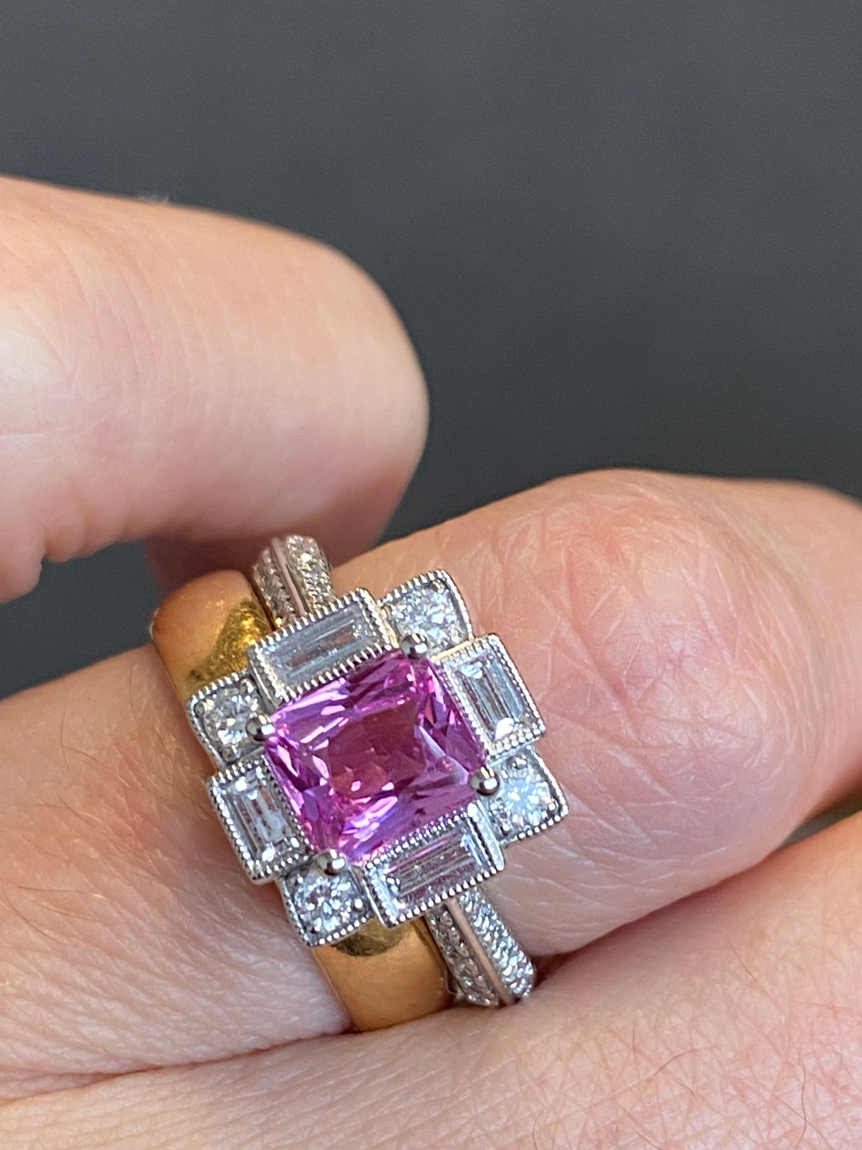 Candy Pink Sapphire Art Deco Style Ring in Platinum