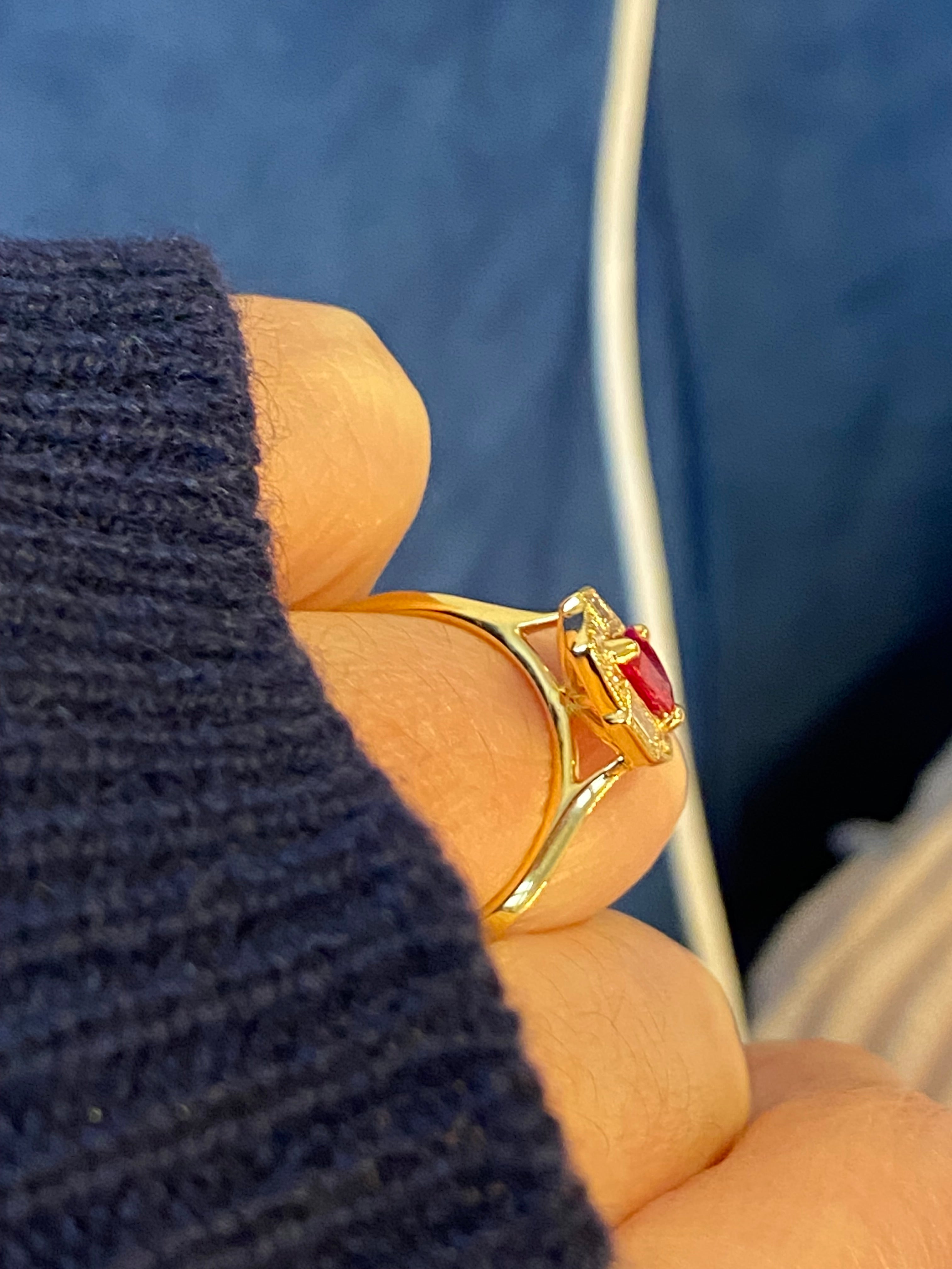 0.85 CTW Pear Cut Ruby and Natural Diamond Halo Ring in 18ct Yellow Gold