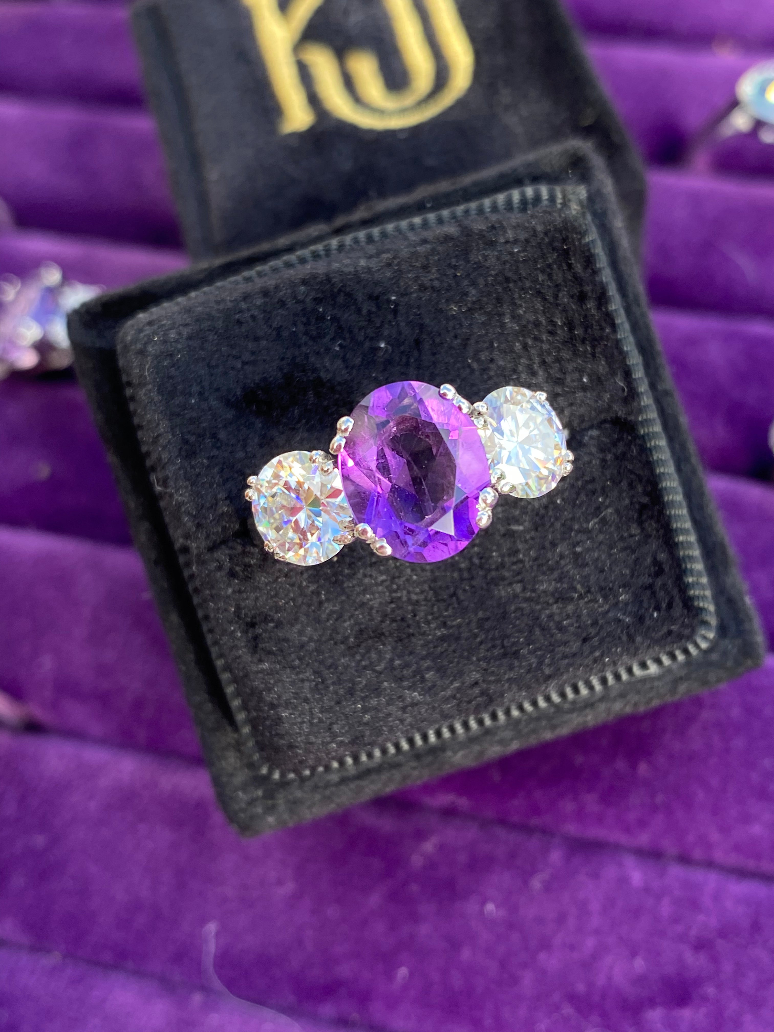 2.57 Carat Amethyst and 1.84 Carat Moissanite Three Stone Ring in Sterling Silver