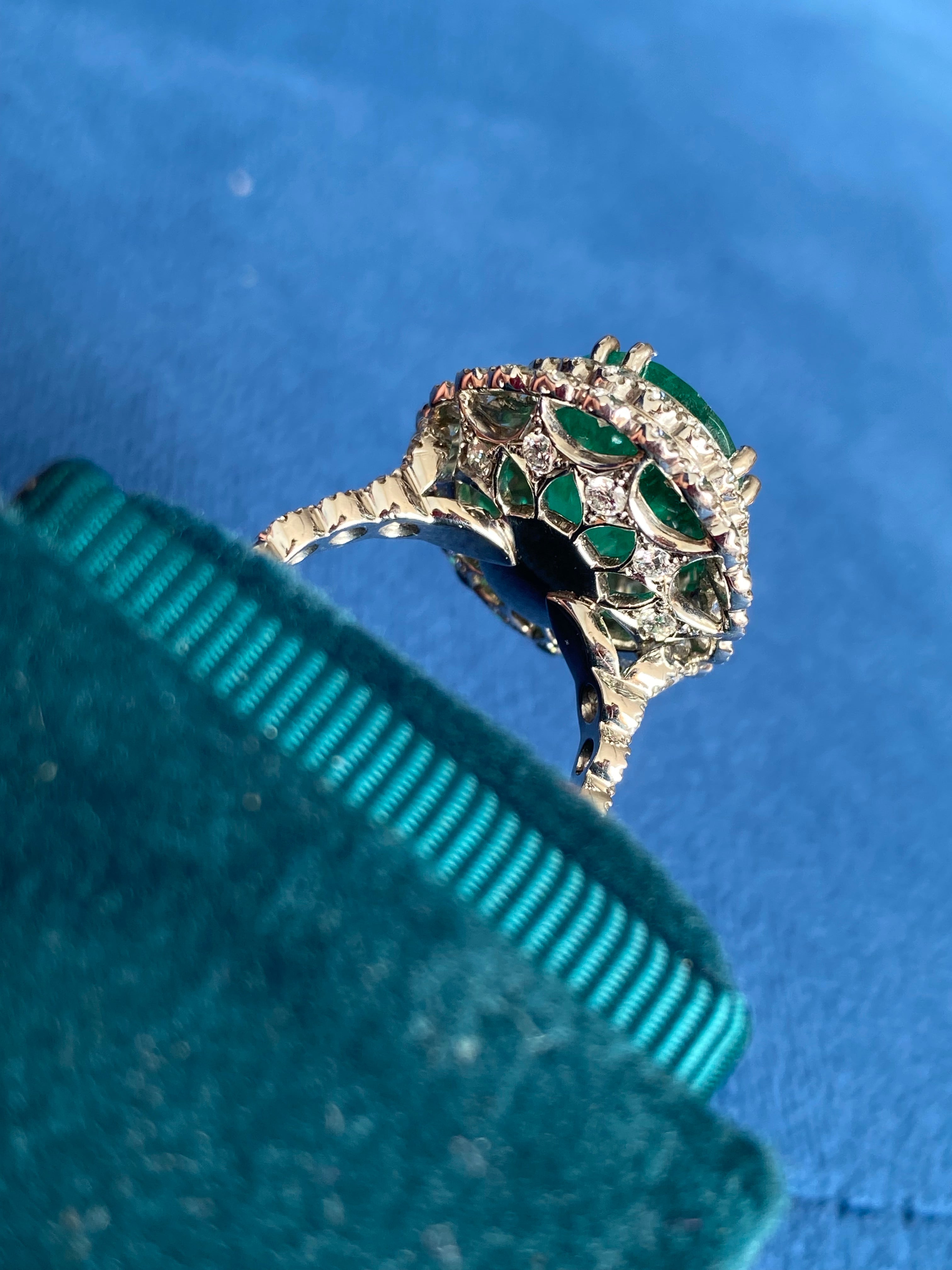 9.10 CTW Colombian Emerald and Natural Diamond Double Halo Ring in Platinum