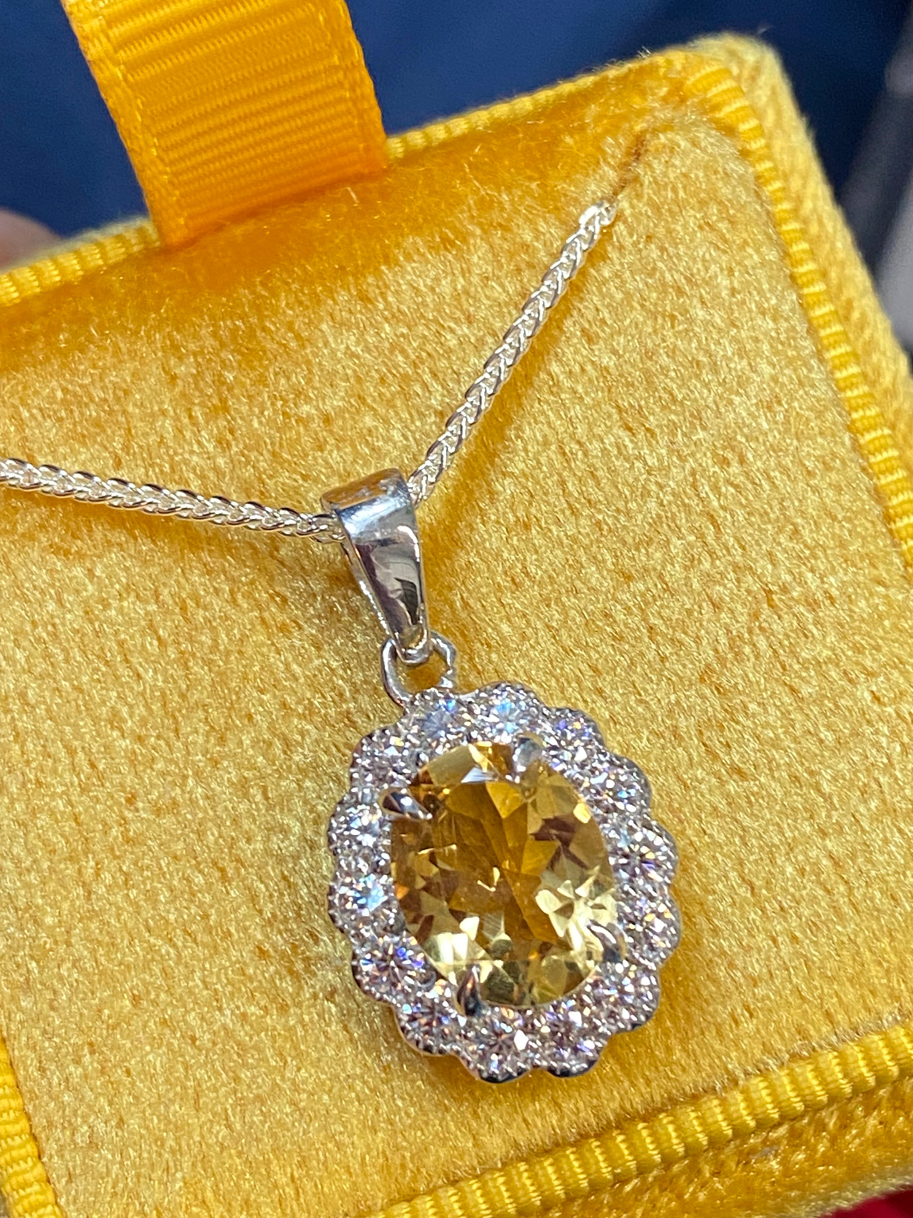 5.00 CTW Citrine and Moissanite Halo Pendant Necklace in Sterling Silver