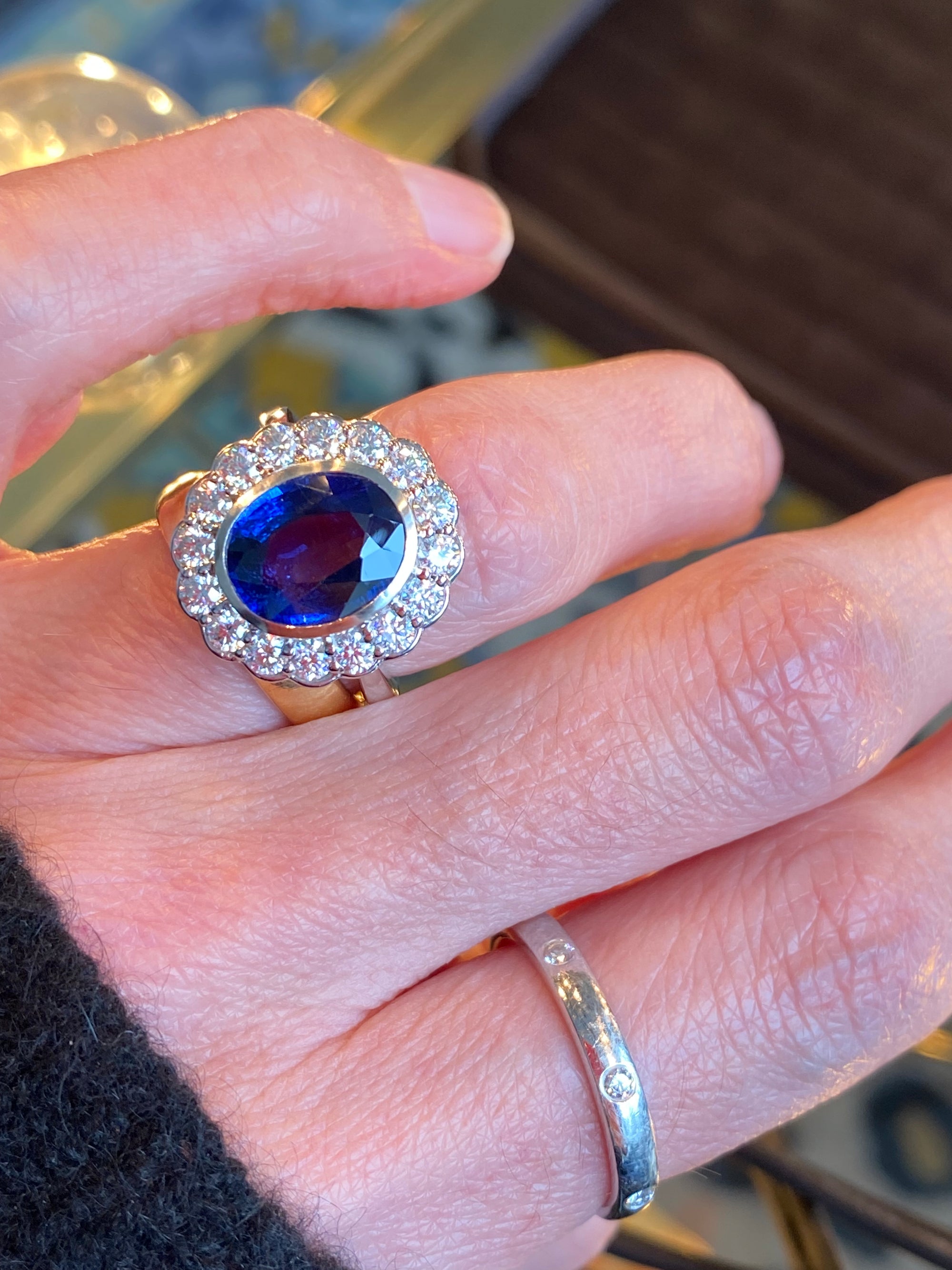 5.40 CTW Oval Cut Kyanite and Moissanite Halo Ring in Sterling Silver