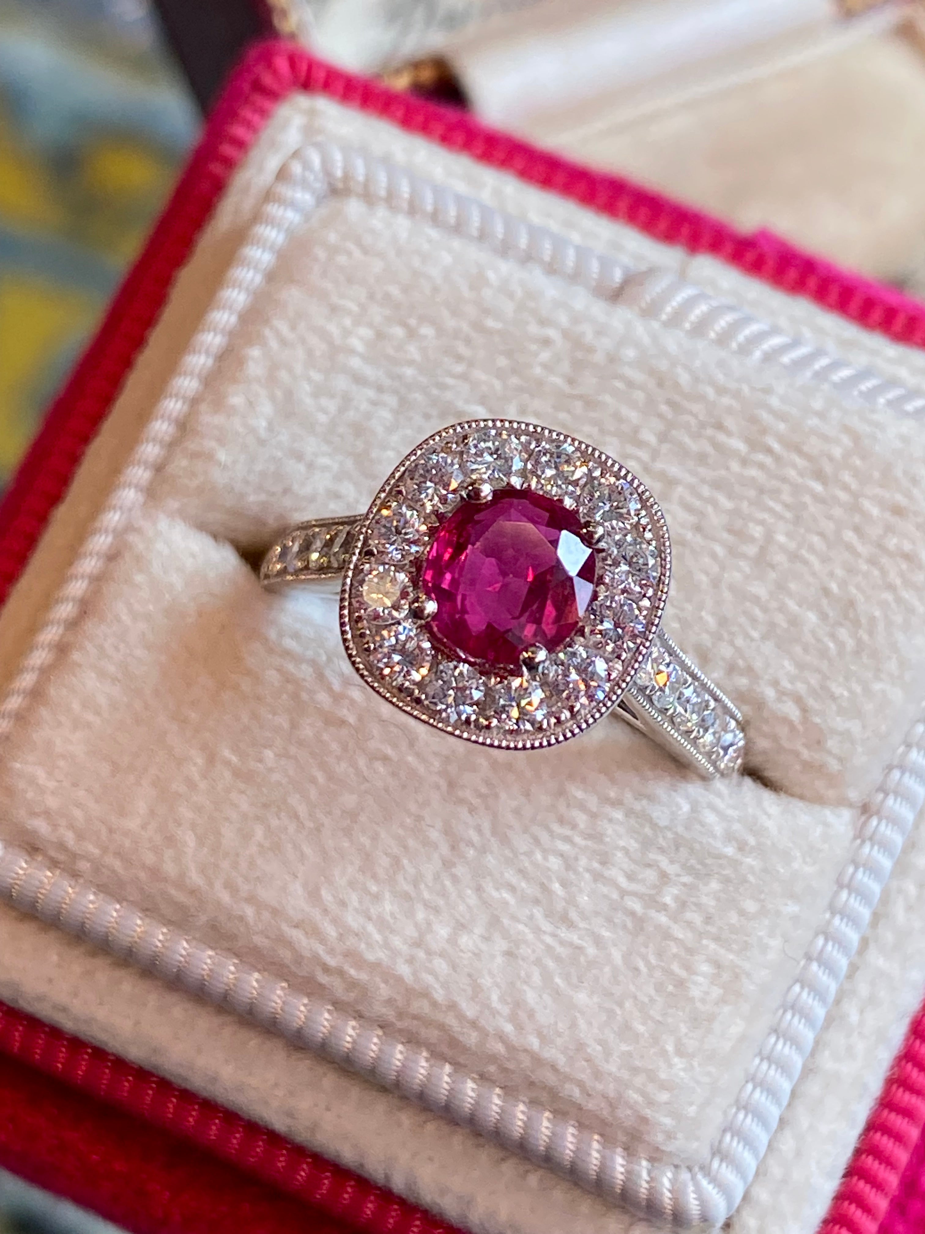 1.89 CTW Oval-Cut Ruby and Natural Diamond Halo Ring in Platinum