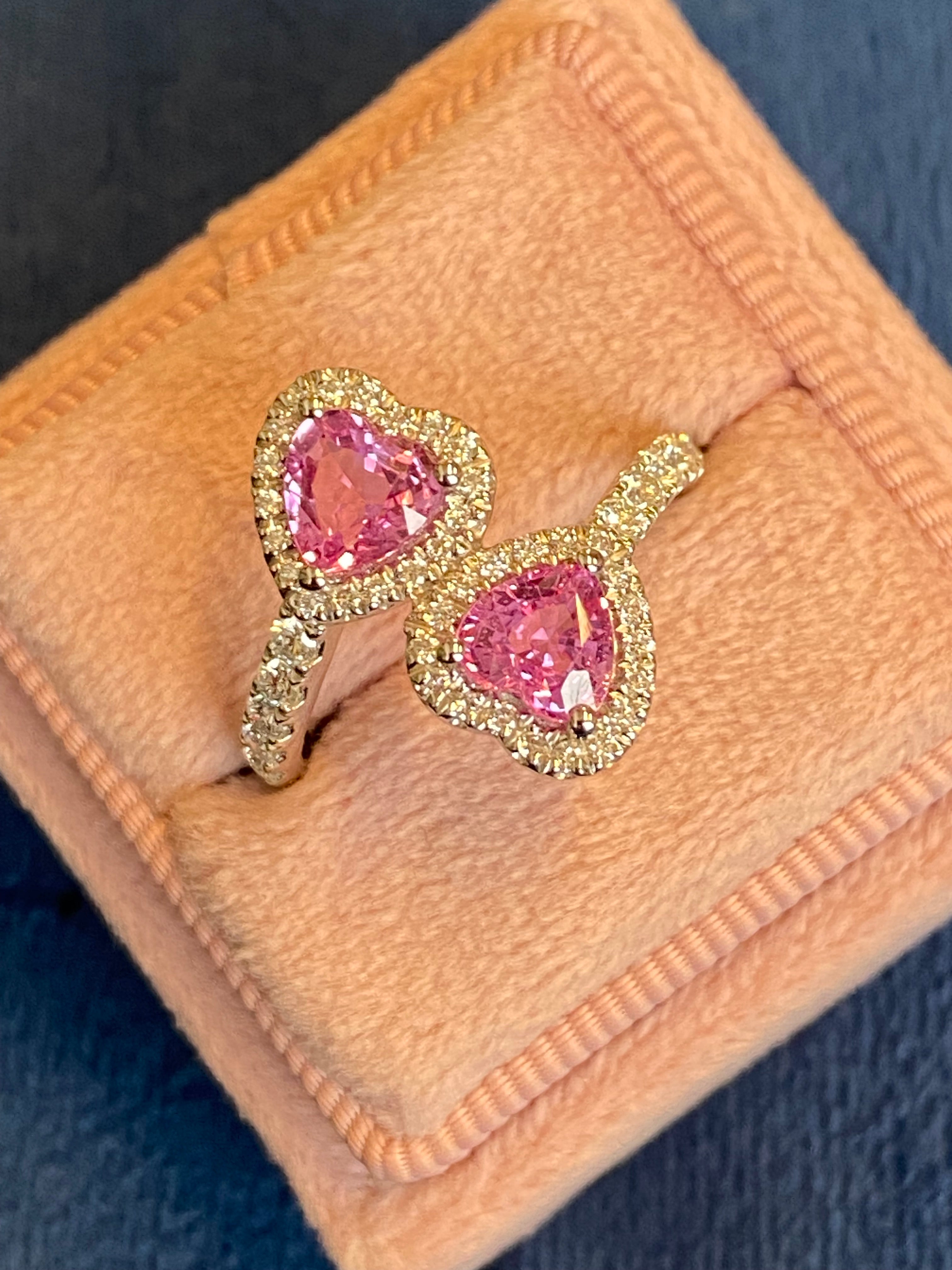 1.92 CTW Heart Shape Pink Sapphire and Natural Diamond Toi et Moi Ring in Platinum