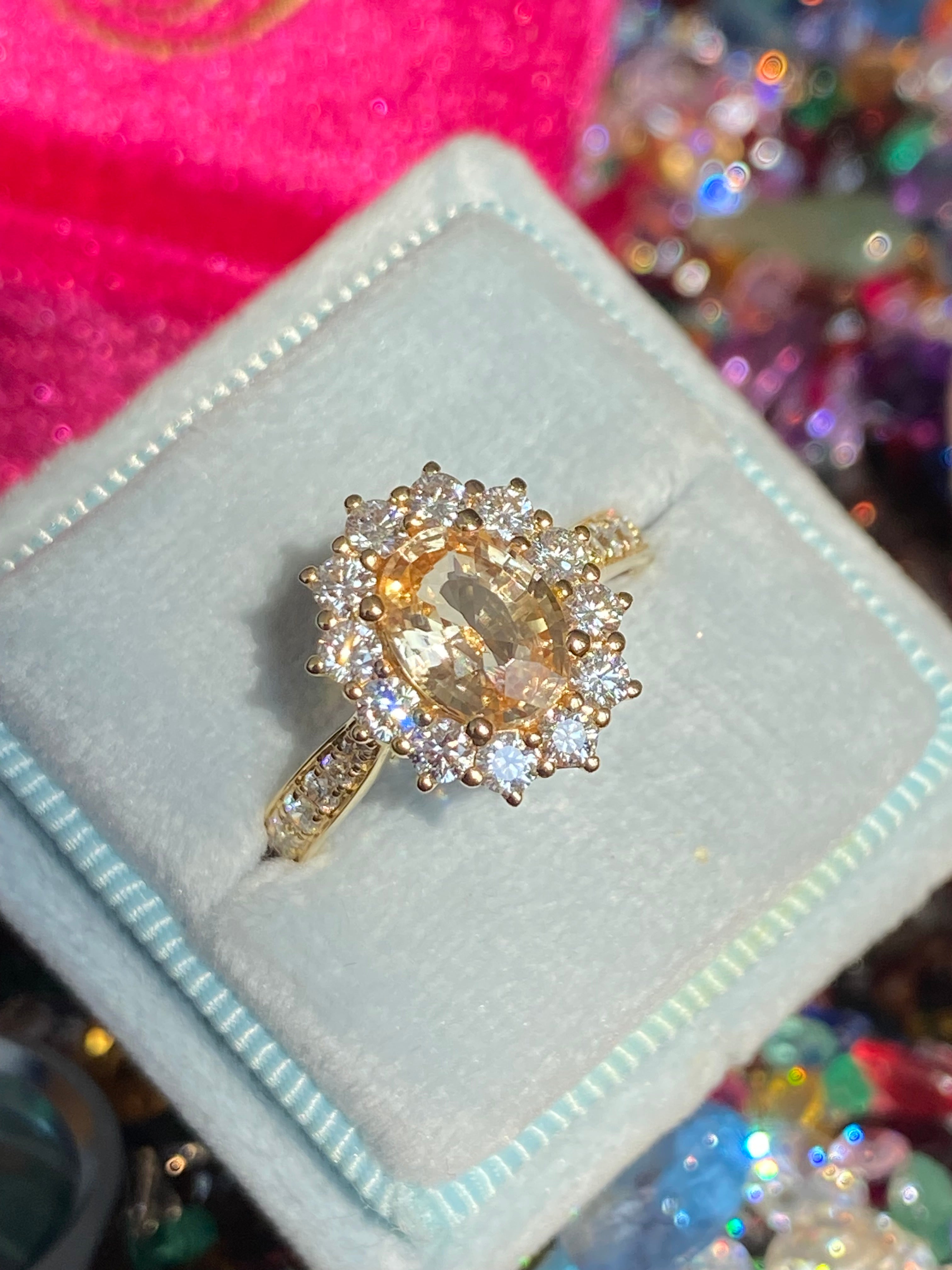 2.24 CTW Peach Sapphire and Natural Diamond Halo Ring in 18ct Yellow Gold