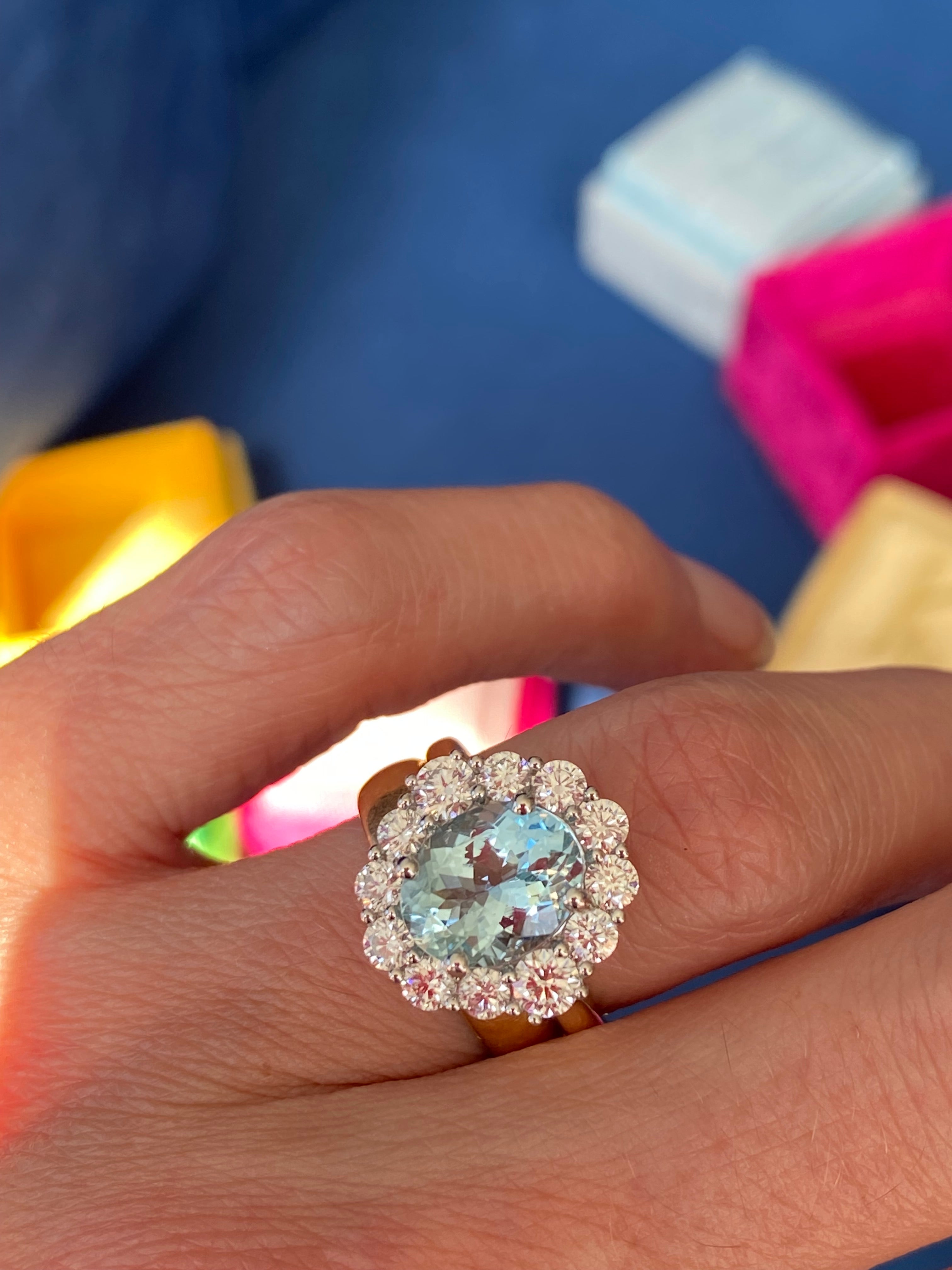 3.53 CTW Aquamarine and Natural Diamond Halo Ring in Platinum and 18ct Yellow Gold