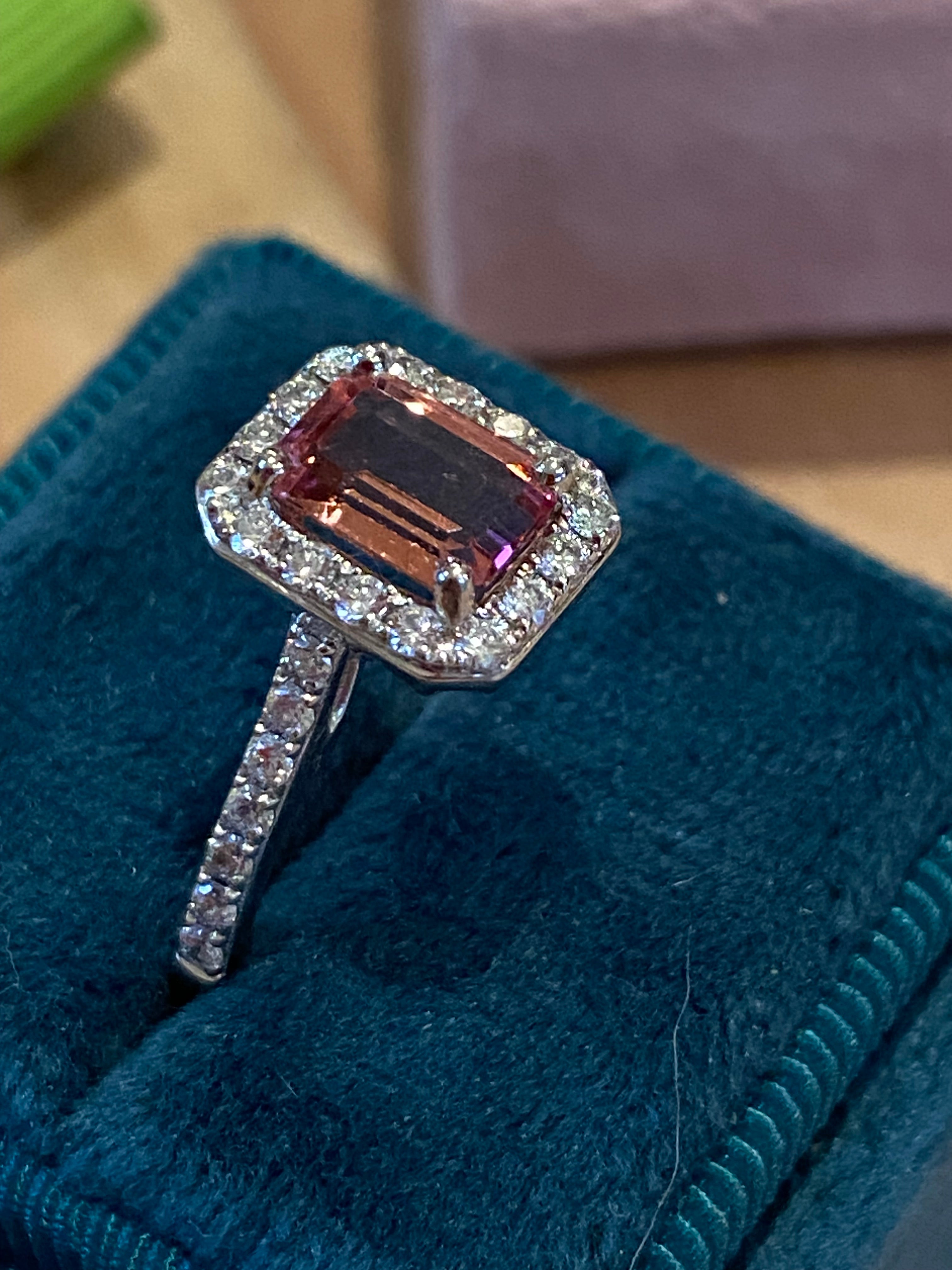 1.42 CTW Emerald Cut Pink Tourmaline and Natural Diamond Halo Ring in Platinum