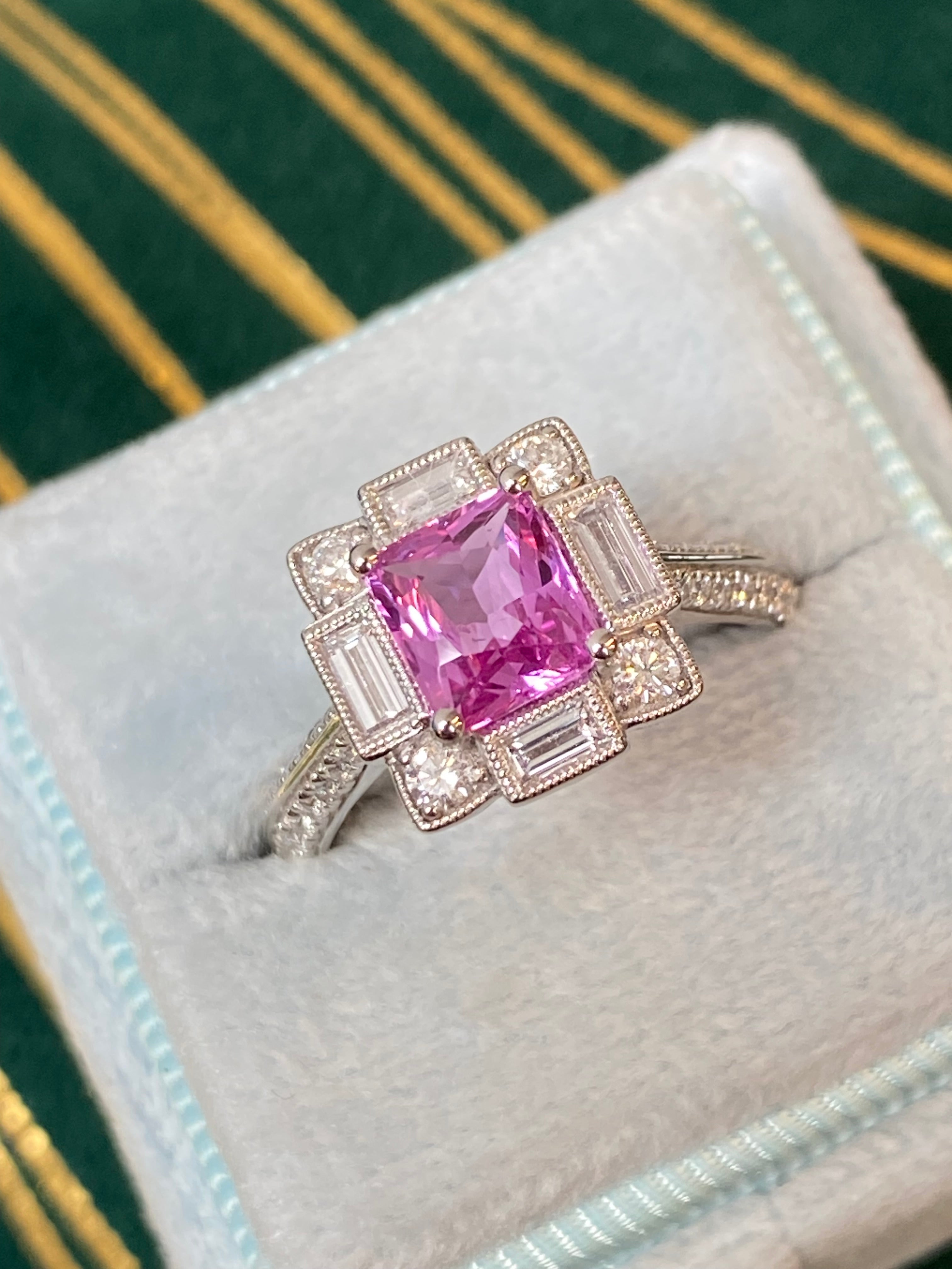 Candy Pink Sapphire Art Deco Style Ring in Platinum