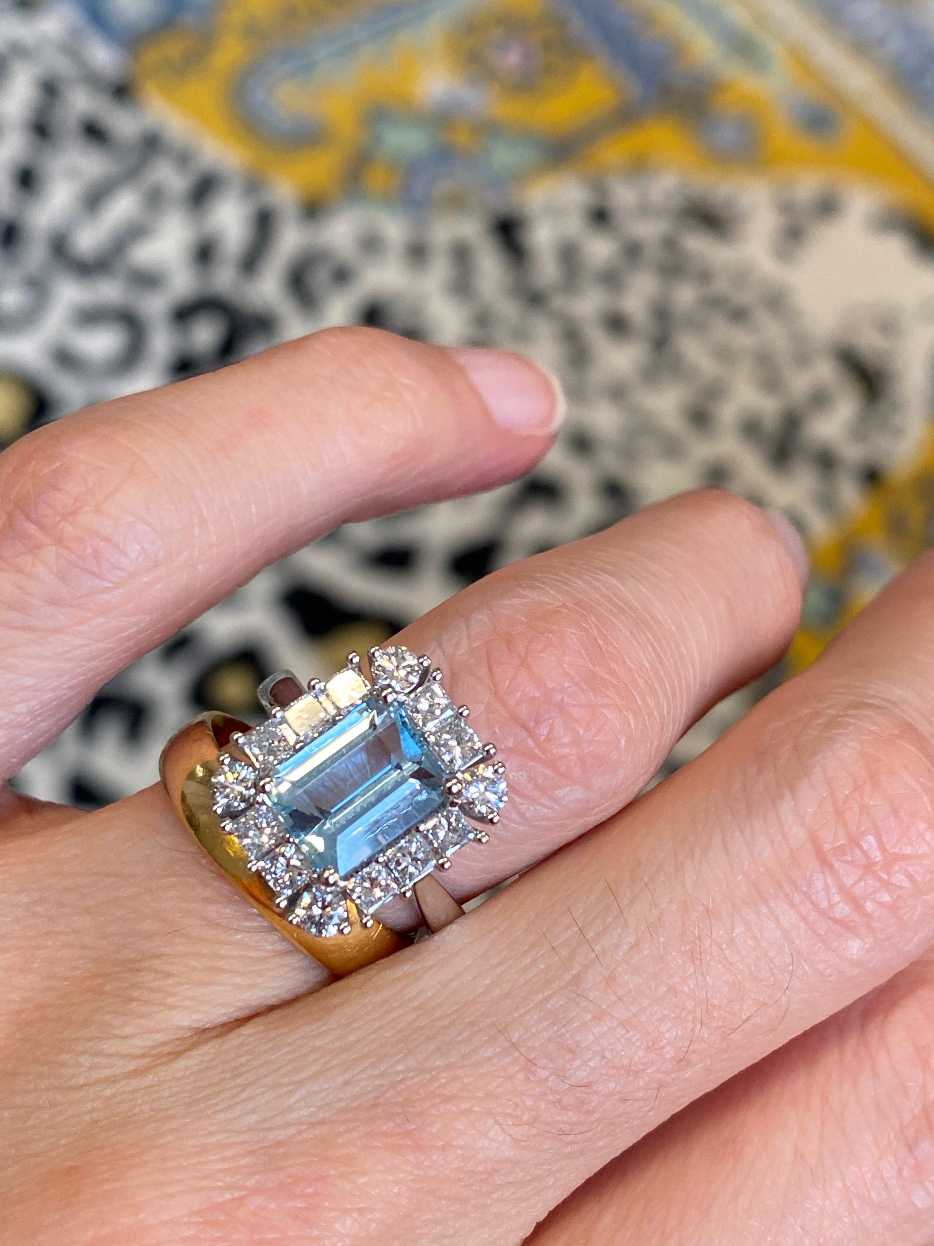 3.12 CTW Emerald Cut Aquamarine and Natural Diamond Halo Engagement Ring in Platinum