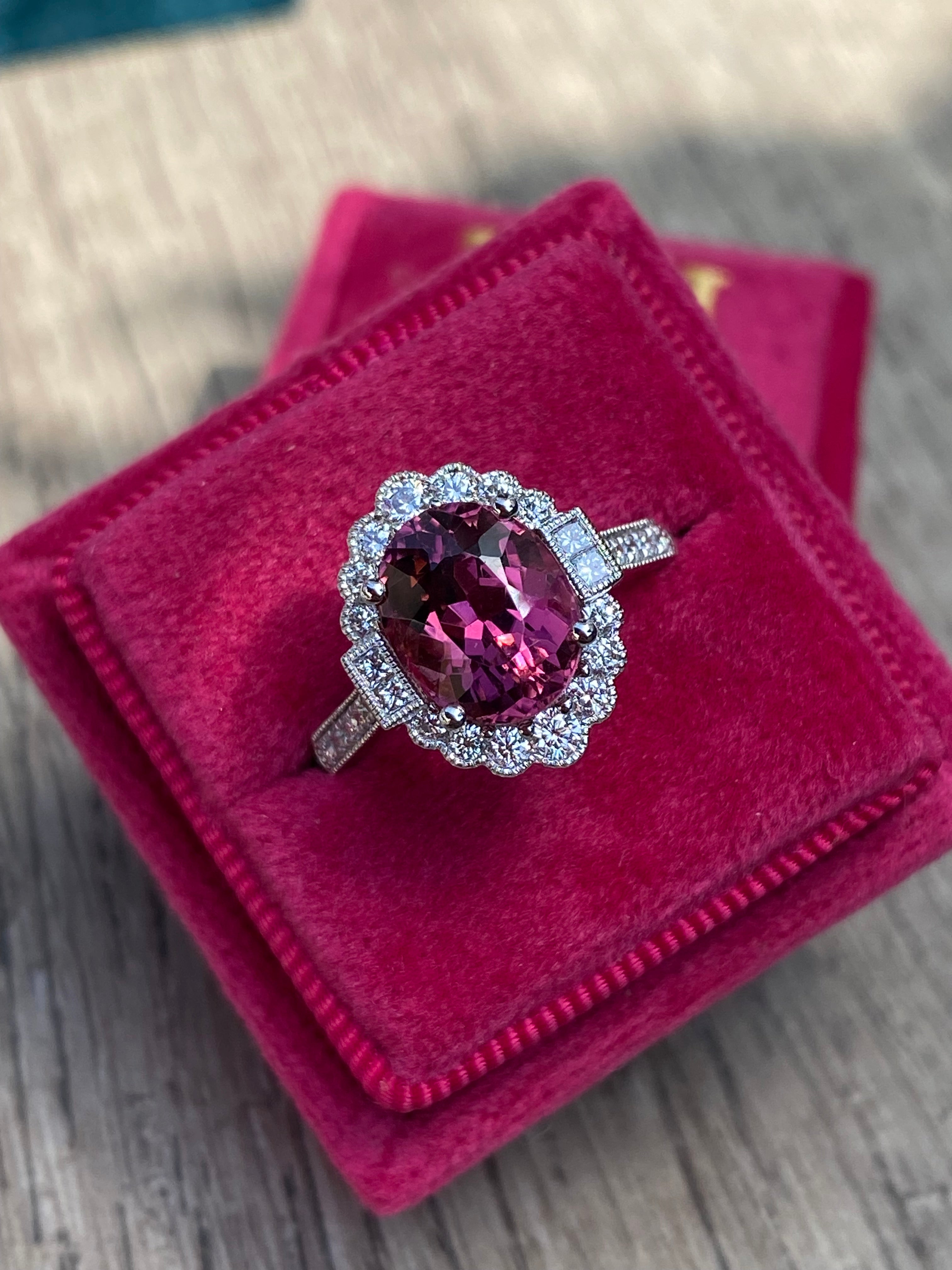 3.13 Carat Oval Cut Pink Tourmaline and Natural Diamond Ring in Platinum