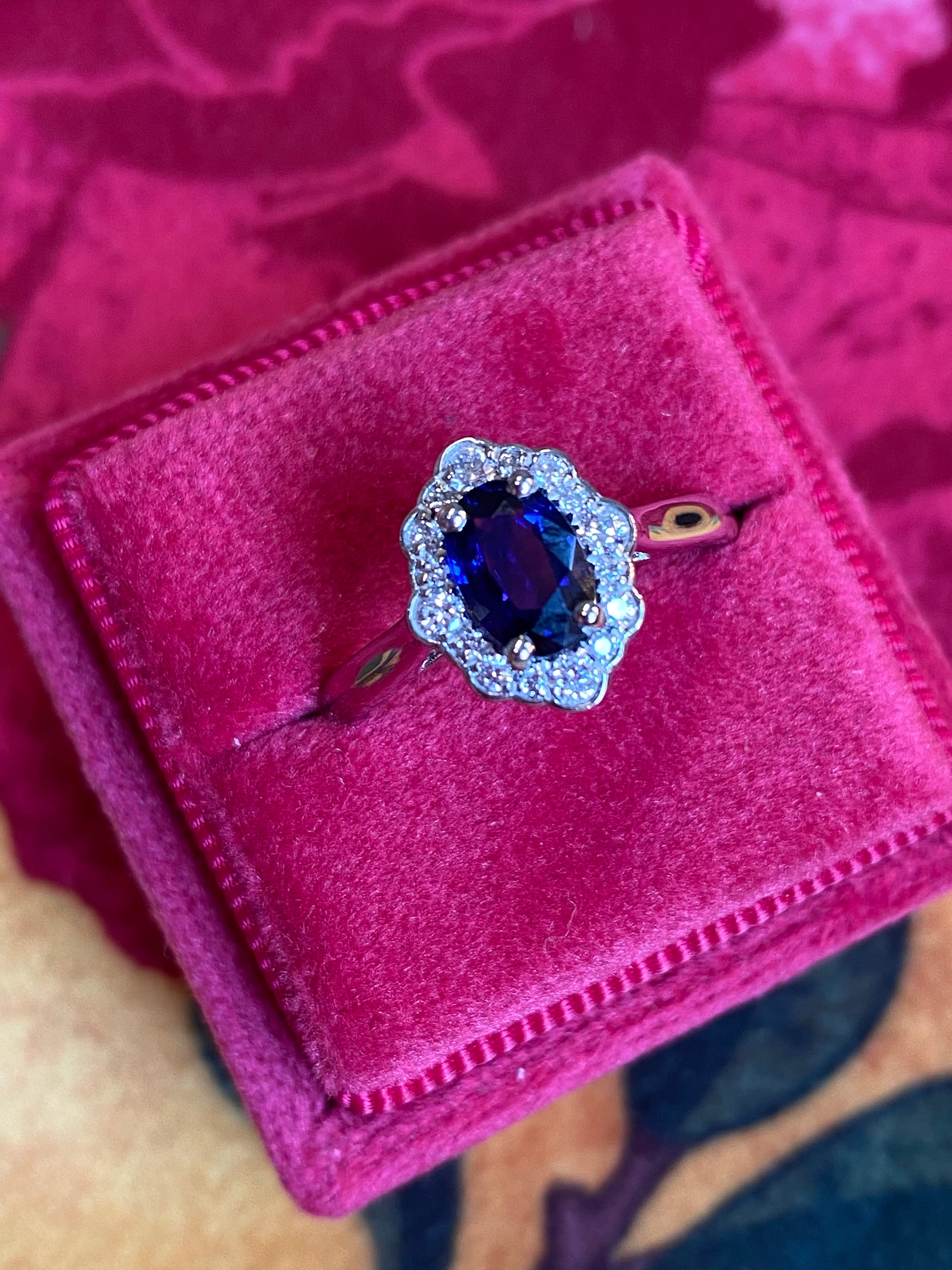 1.26 CTW Art Deco Style Blue Ceylon Sapphire and Natural Diamond Halo Ring in Platinum